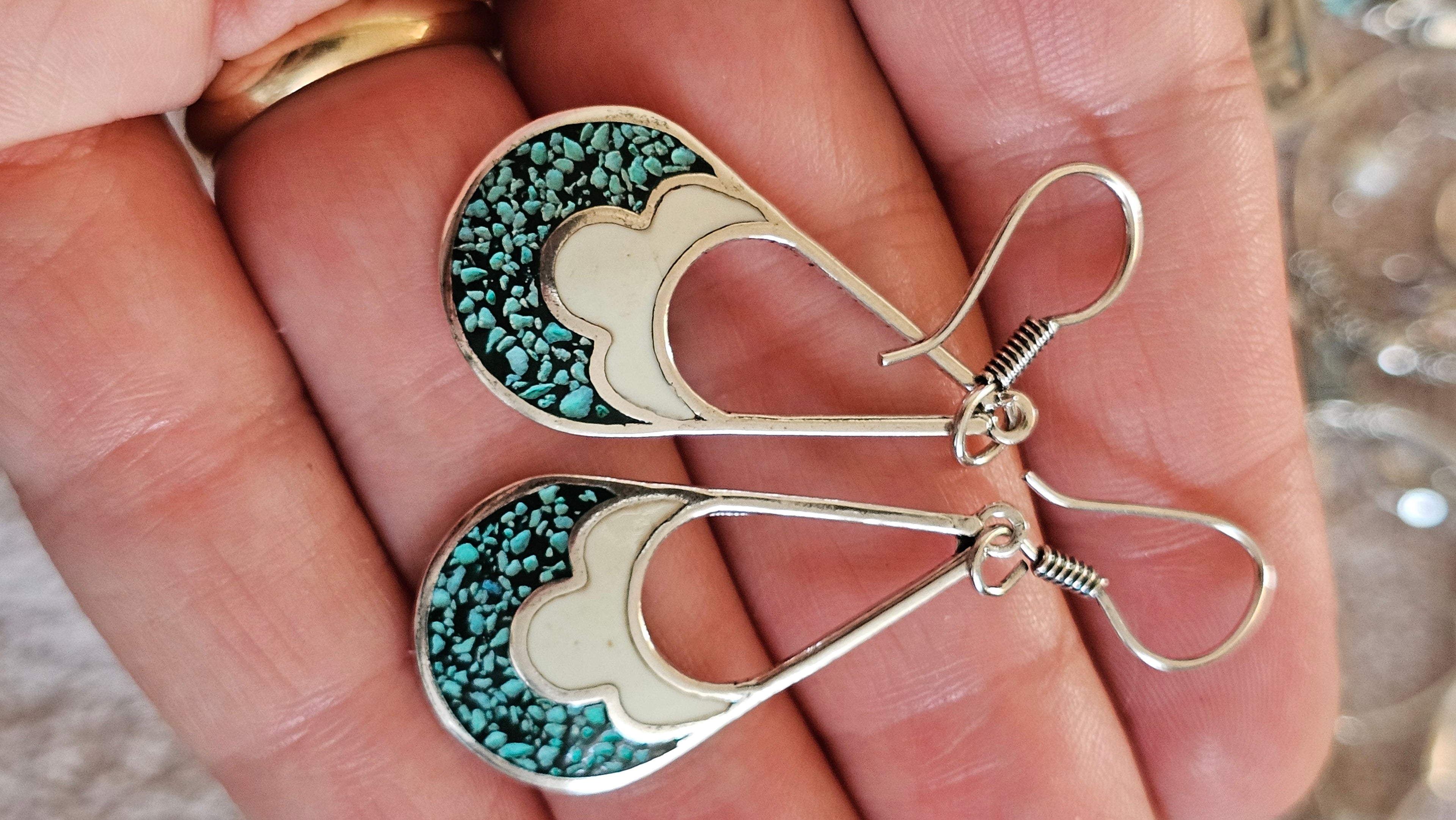 Vintage Taxco Sterling Silver and Turquoise Inlay Teardrop Dangle Earrings TR-58