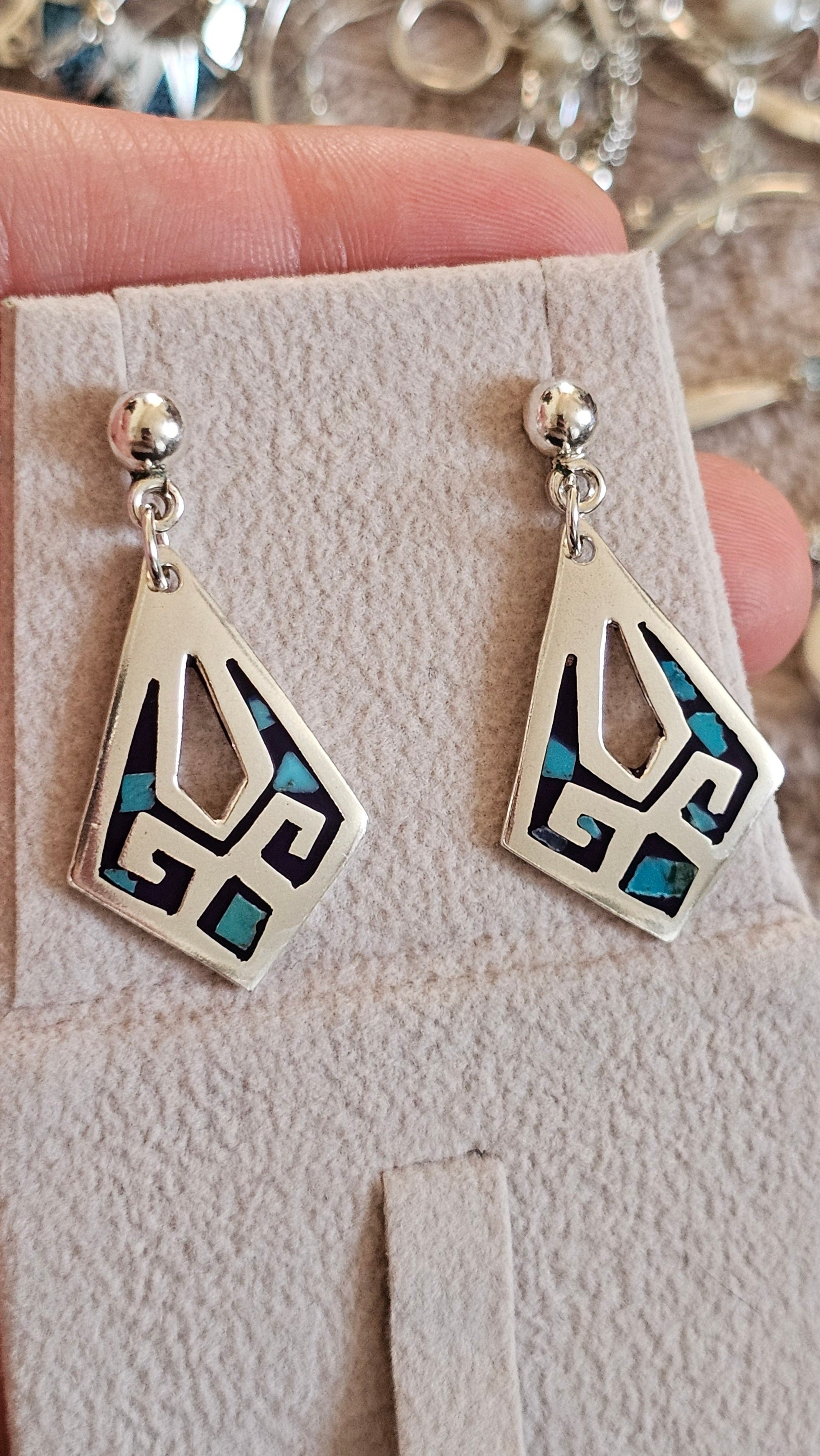 Vintage 925 Sterling Silver Geometric Turquoise Inlay Drop Earrings