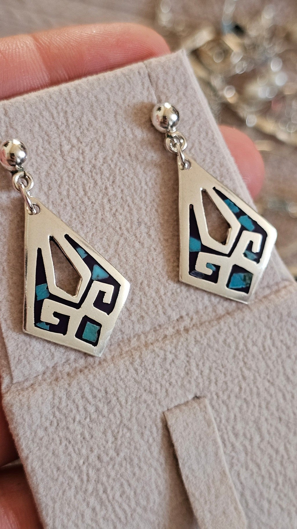 Vintage 925 Sterling Silver Geometric Turquoise Inlay Drop Earrings