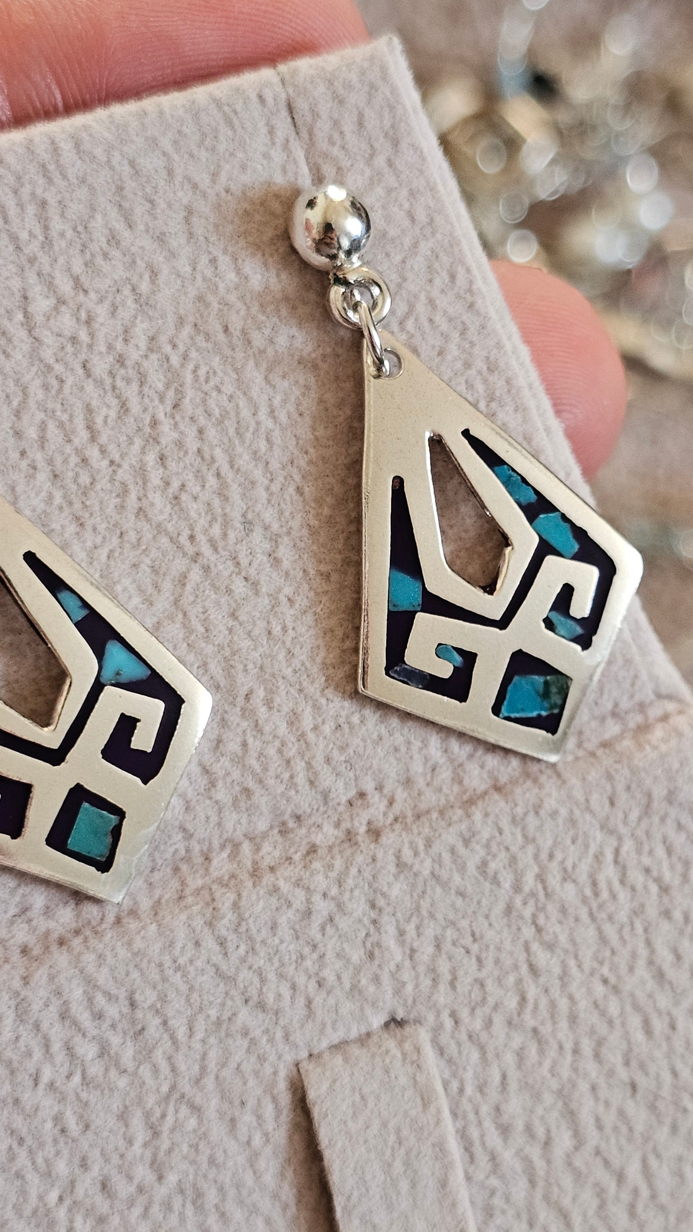 Vintage 925 Sterling Silver Geometric Turquoise Inlay Drop Earrings