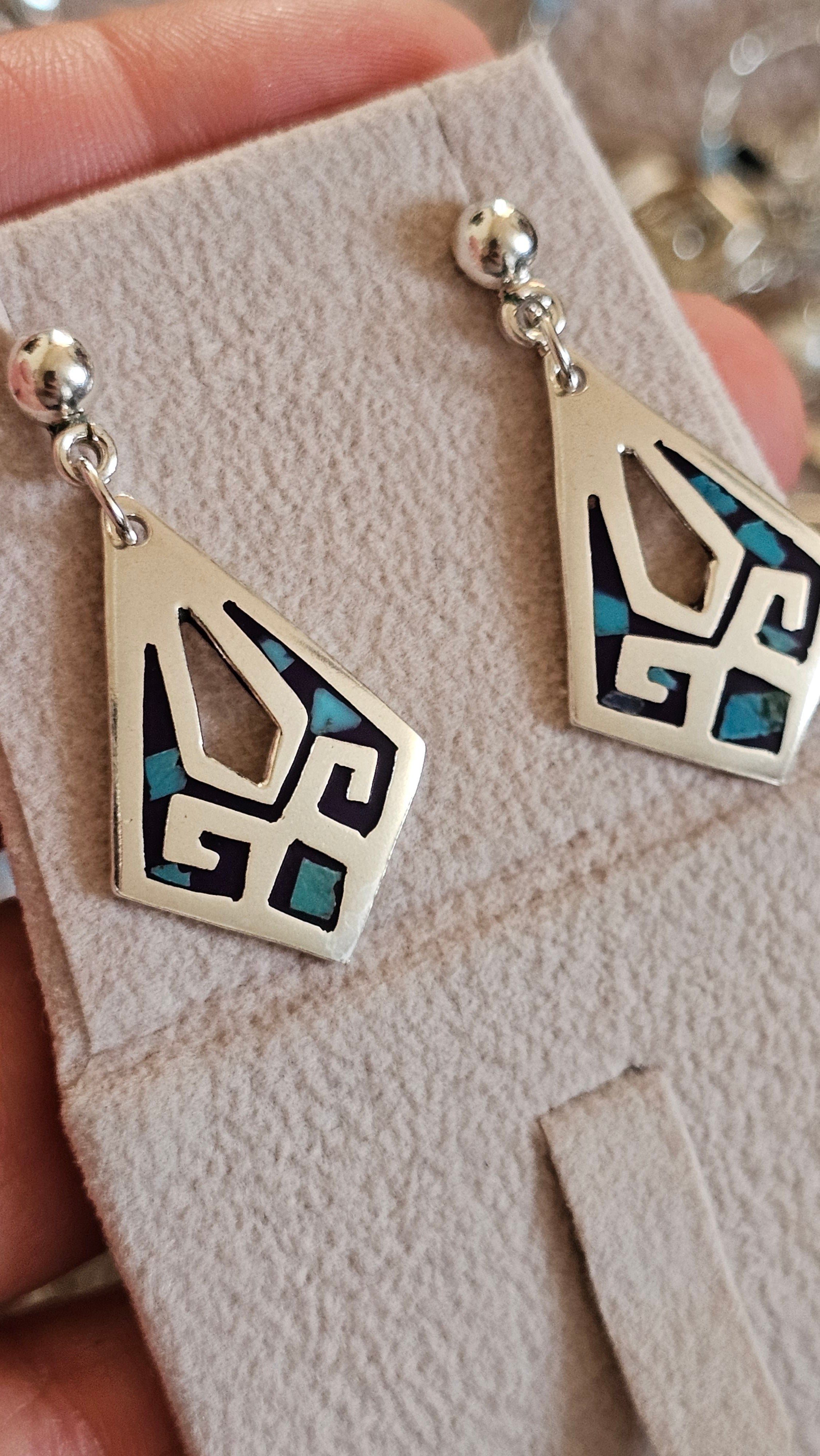 Vintage 925 Sterling Silver Geometric Turquoise Inlay Drop Earrings