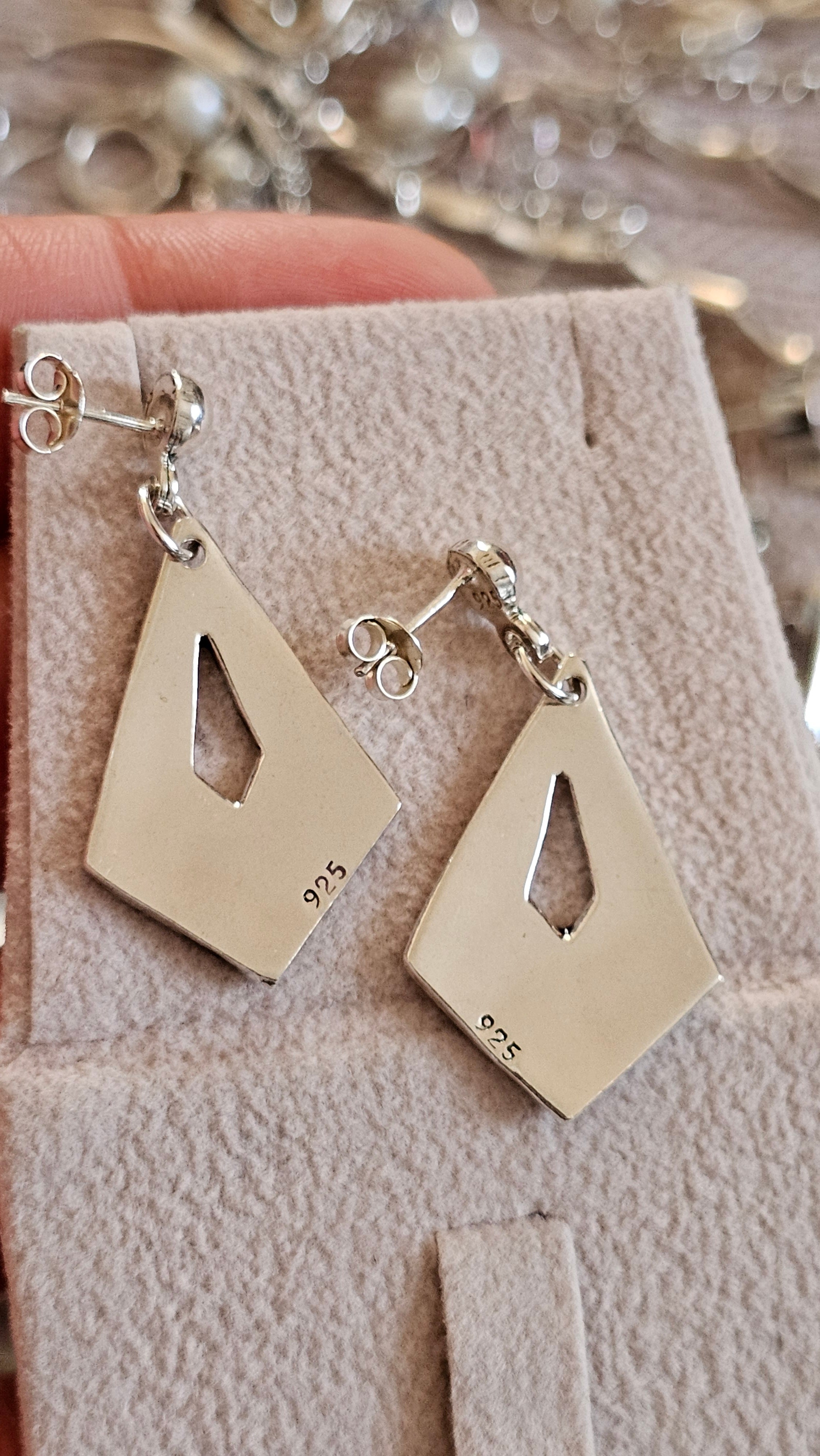 Vintage 925 Sterling Silver Geometric Turquoise Inlay Drop Earrings
