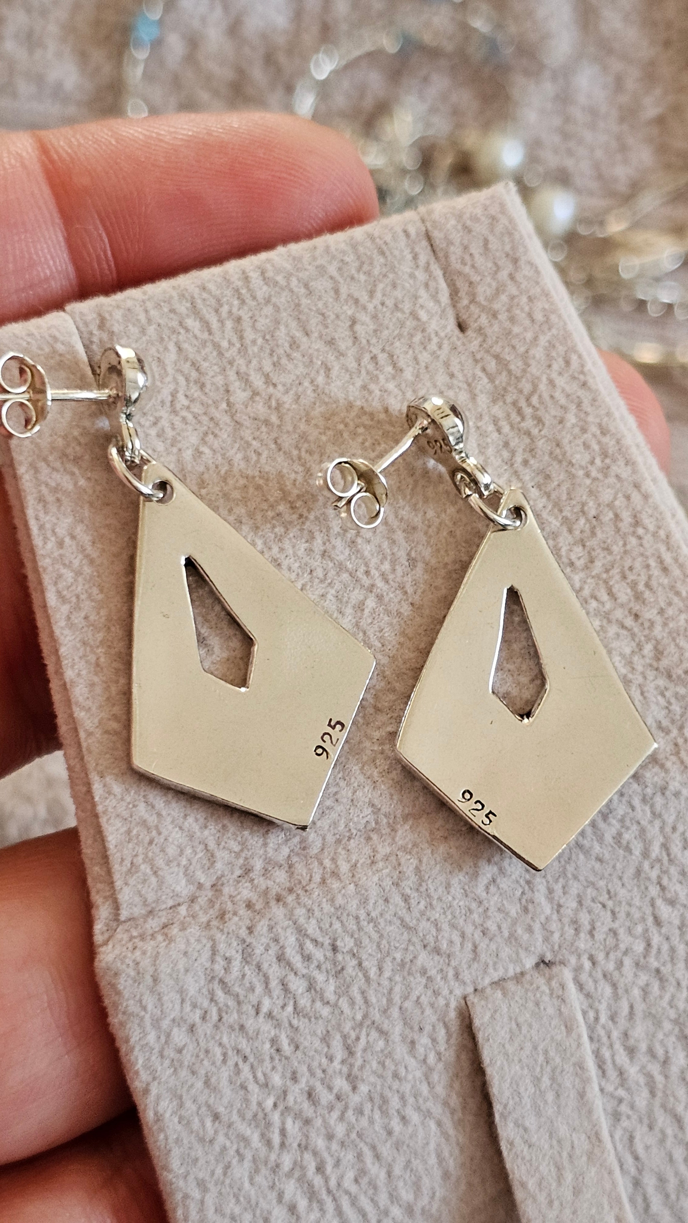 Vintage 925 Sterling Silver Geometric Turquoise Inlay Drop Earrings
