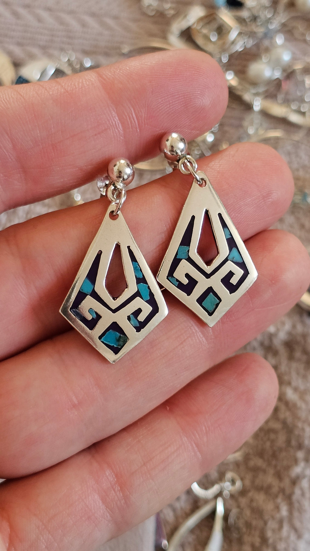 Vintage 925 Sterling Silver Geometric Turquoise Inlay Drop Earrings