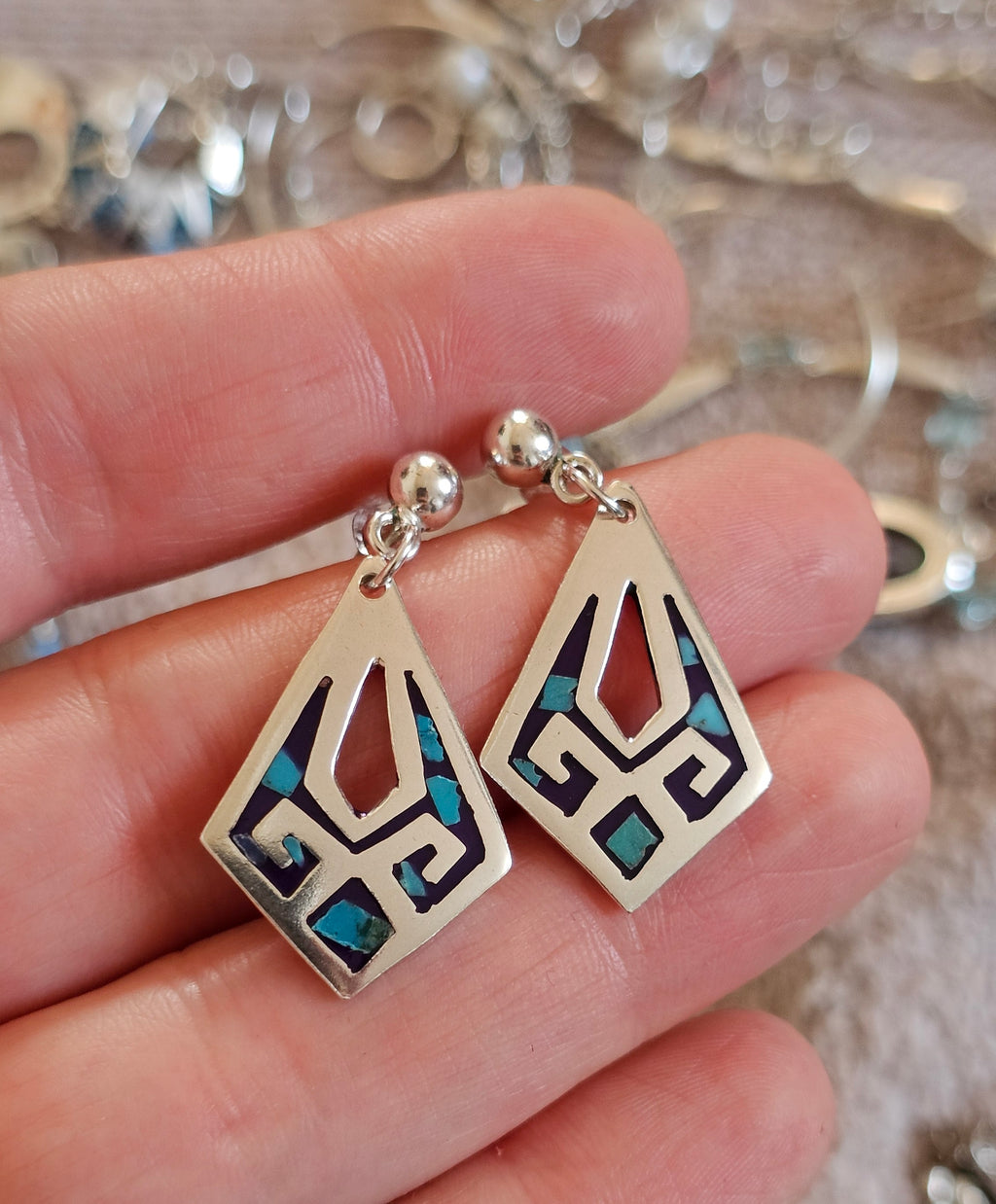 Vintage 925 Sterling Silver Geometric Turquoise Inlay Drop Earrings