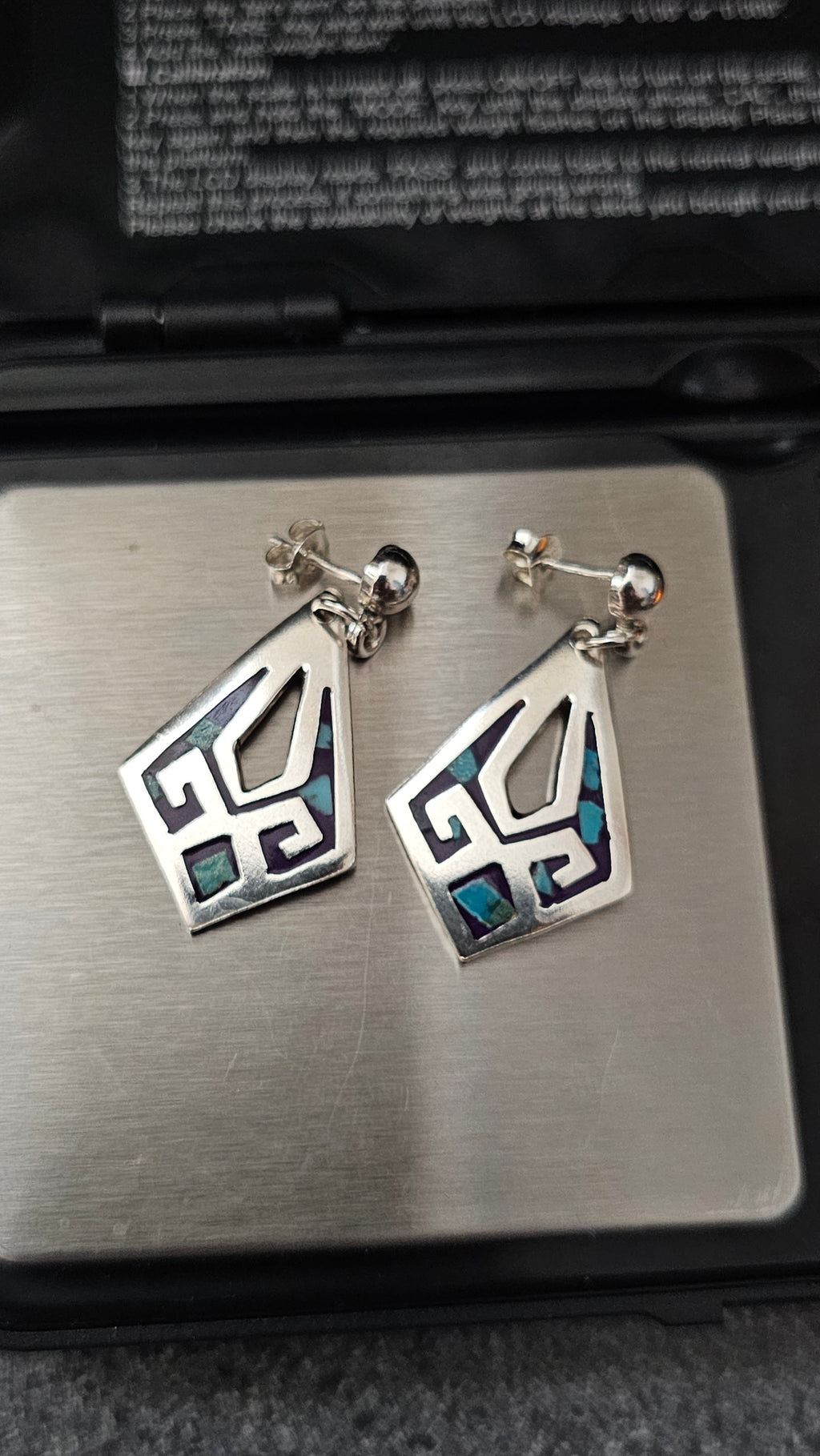 Vintage 925 Sterling Silver Geometric Turquoise Inlay Drop Earrings