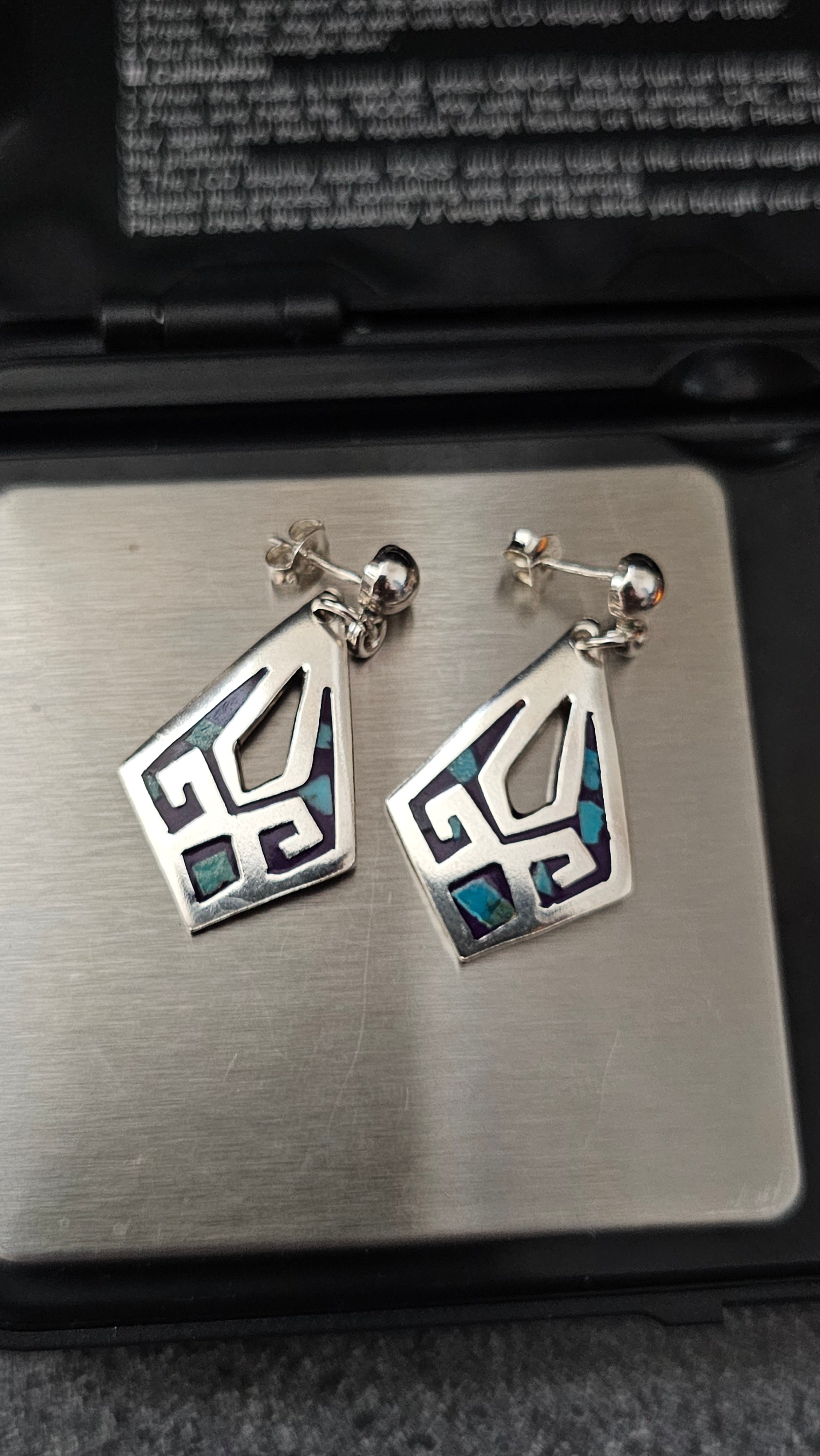 Vintage 925 Sterling Silver Geometric Turquoise Inlay Drop Earrings