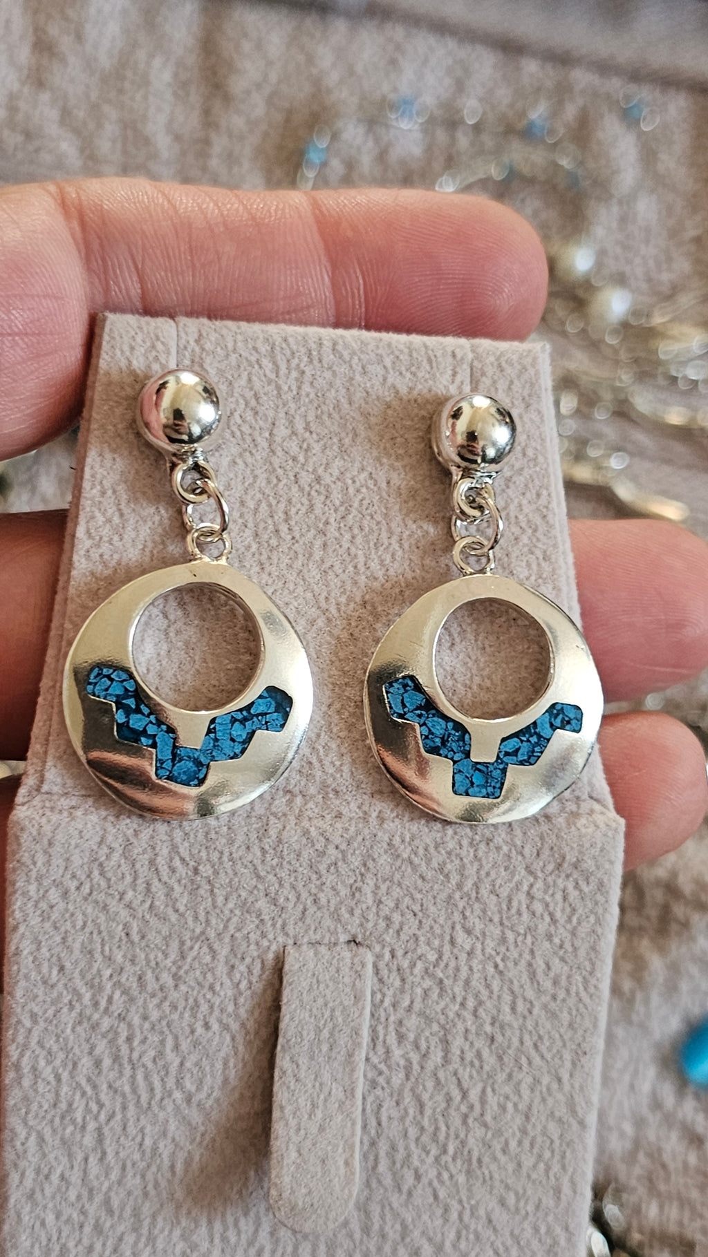 Vintage Taxco Mexico 925 Sterling Silver Turquoise Inlay Drop Earrings