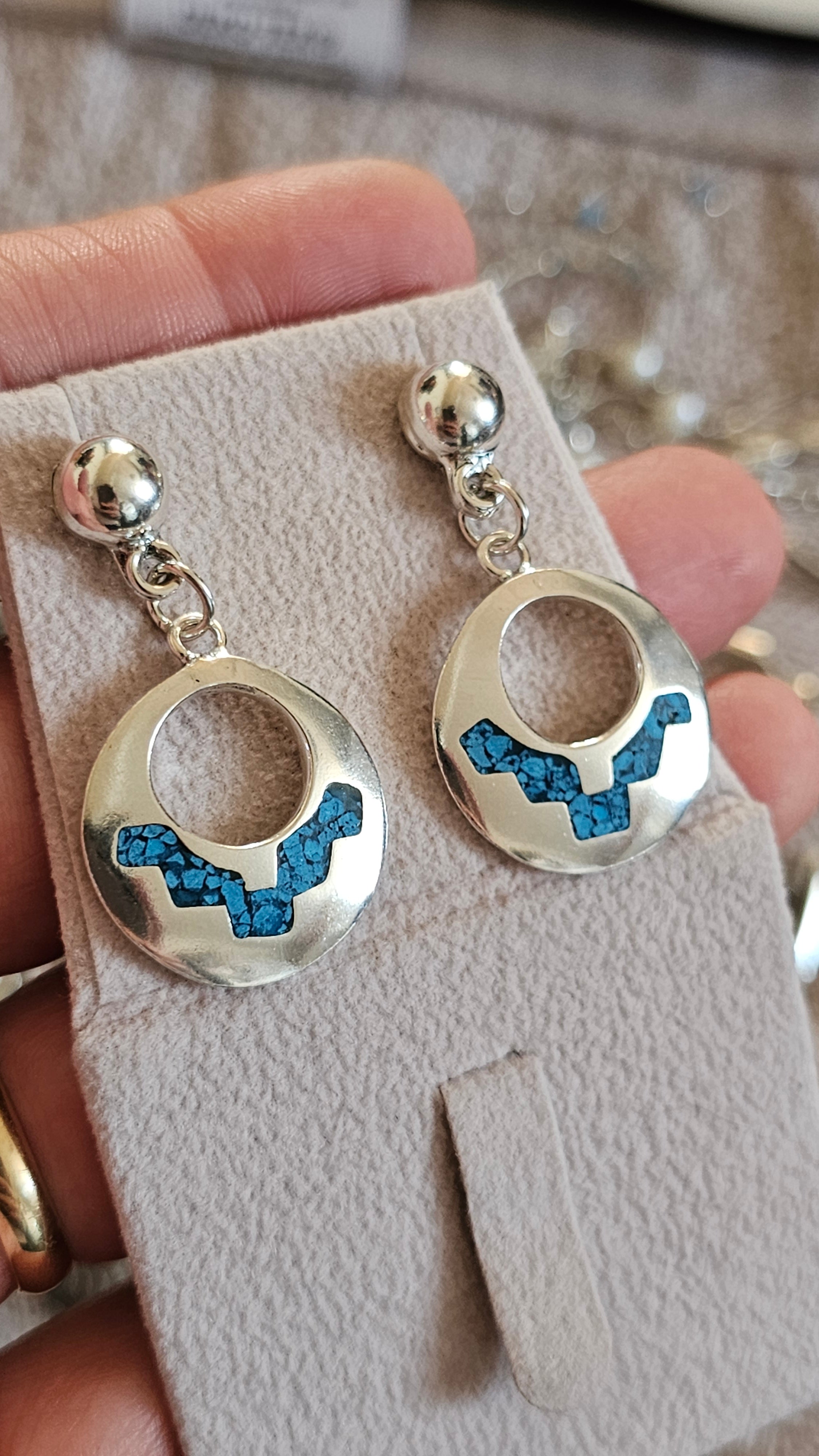 Vintage Taxco Mexico 925 Sterling Silver Turquoise Inlay Drop Earrings