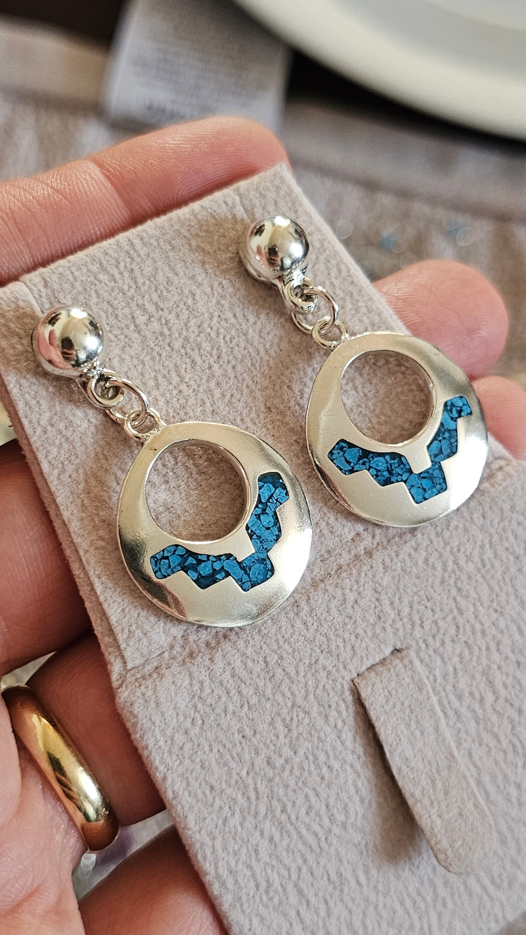 Vintage Taxco Mexico 925 Sterling Silver Turquoise Inlay Drop Earrings