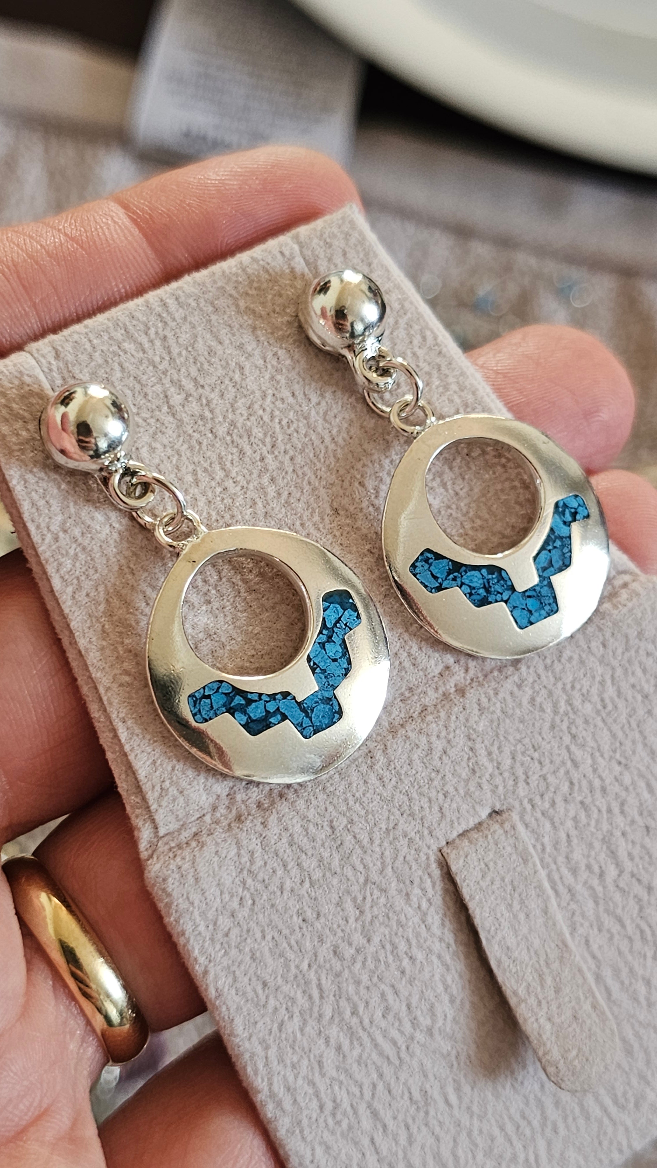 Vintage Taxco Mexico 925 Sterling Silver Turquoise Inlay Drop Earrings