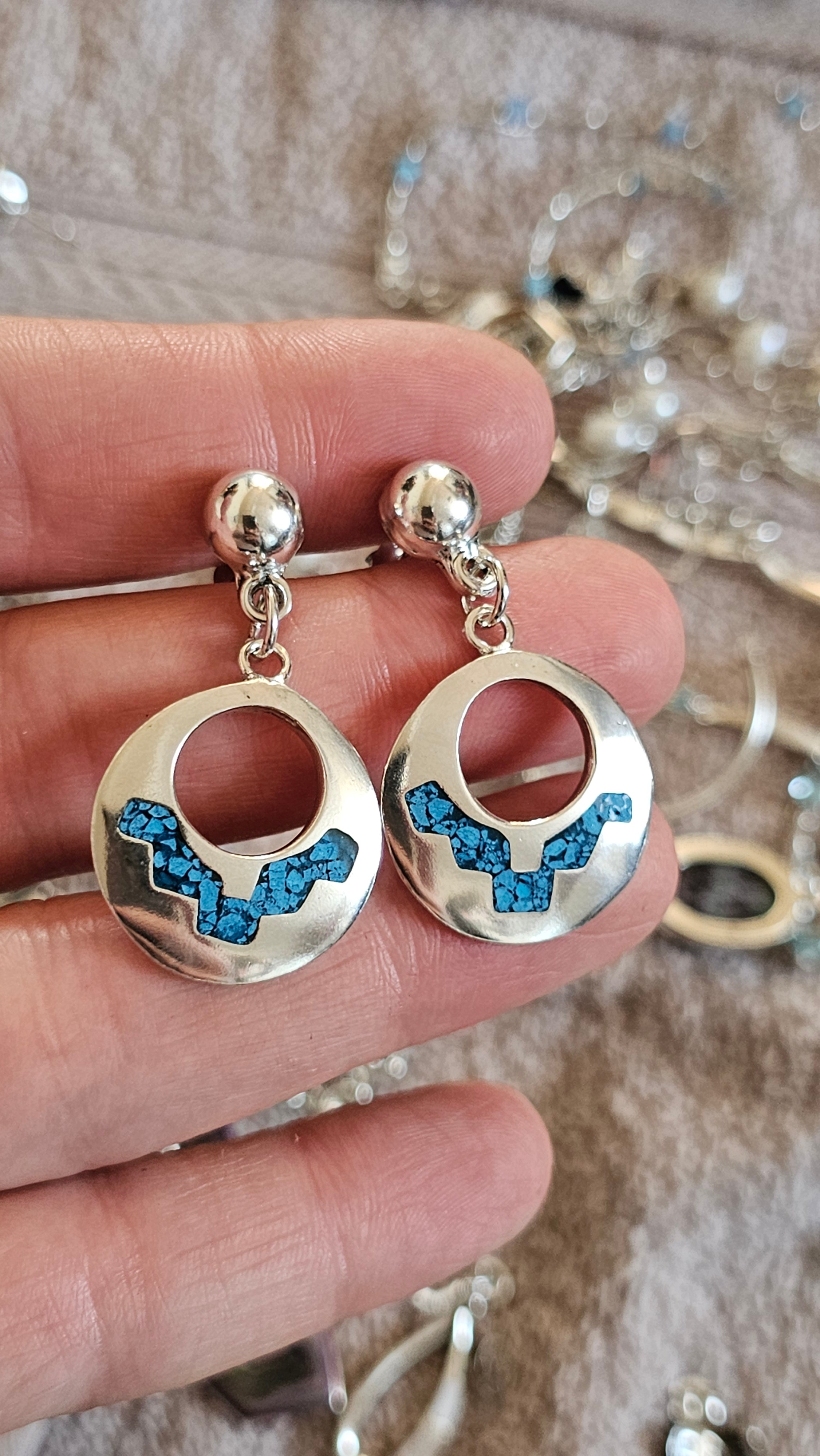 Vintage Taxco Mexico 925 Sterling Silver Turquoise Inlay Drop Earrings