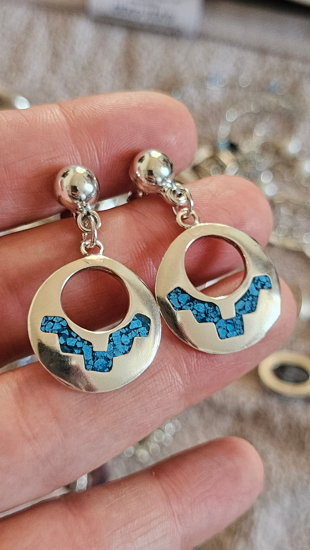 Vintage Taxco Mexico 925 Sterling Silver Turquoise Inlay Drop Earrings