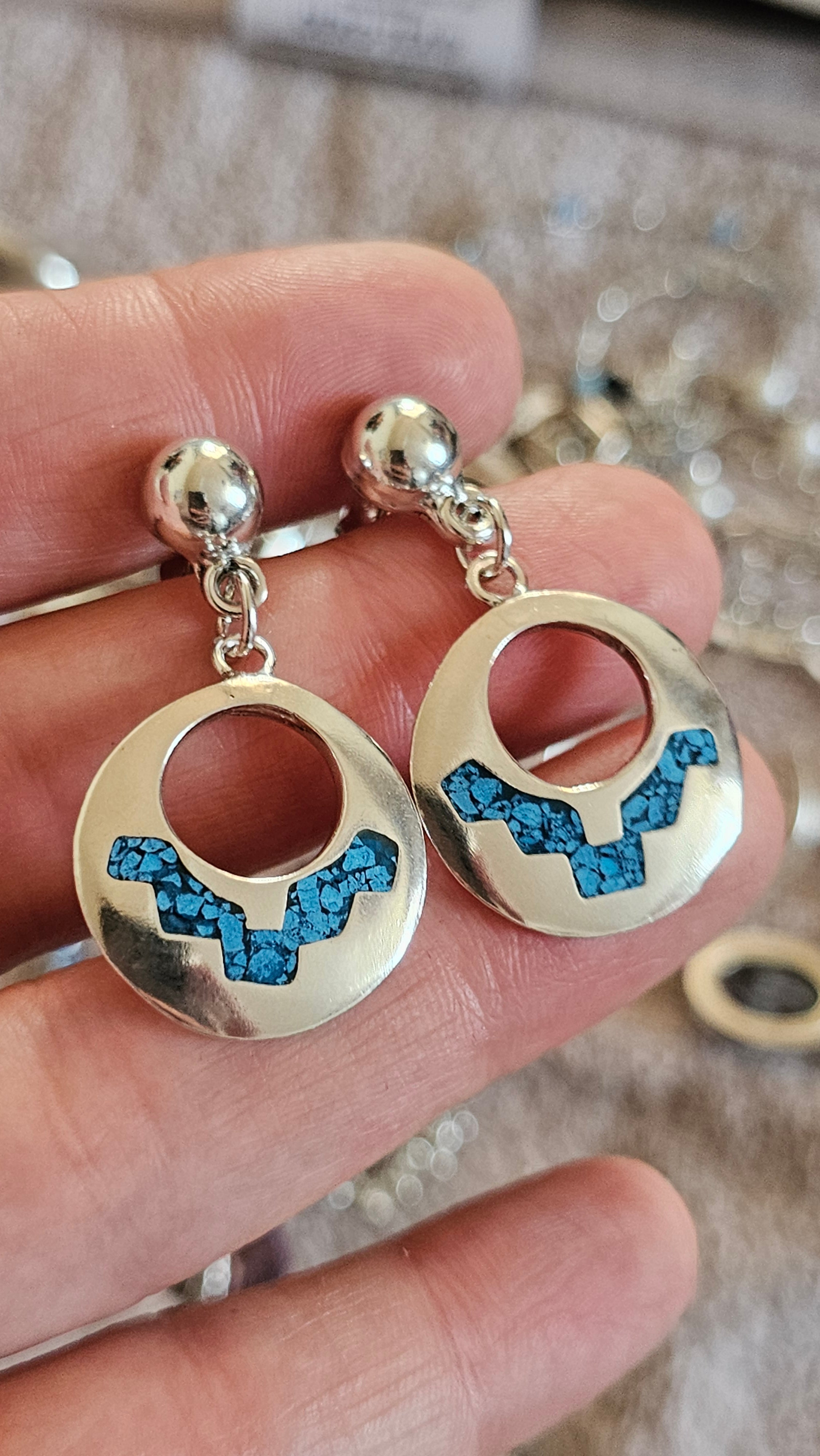 Vintage Taxco Mexico 925 Sterling Silver Turquoise Inlay Drop Earrings