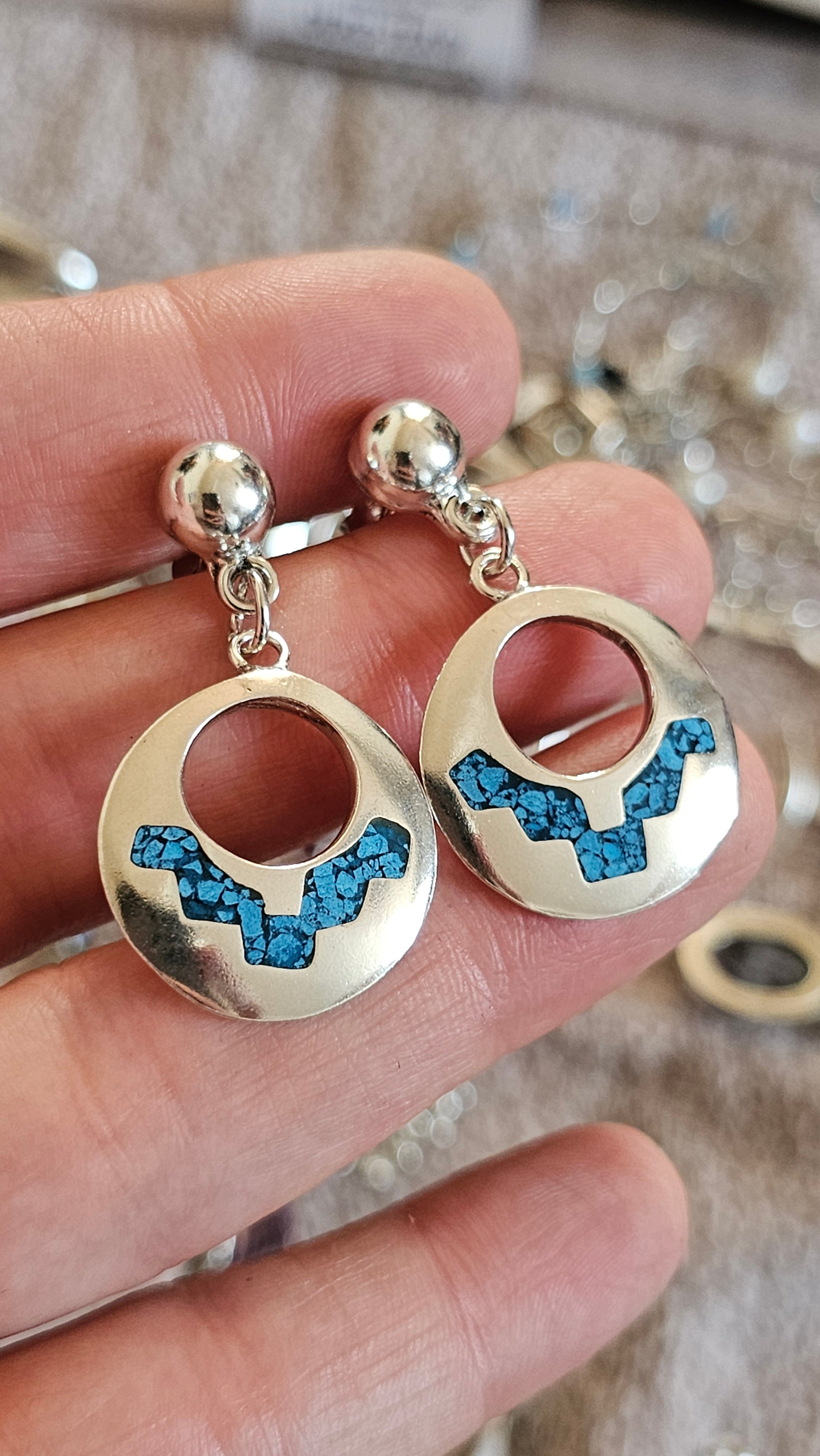 Vintage Taxco Mexico 925 Sterling Silver Turquoise Inlay Drop Earrings