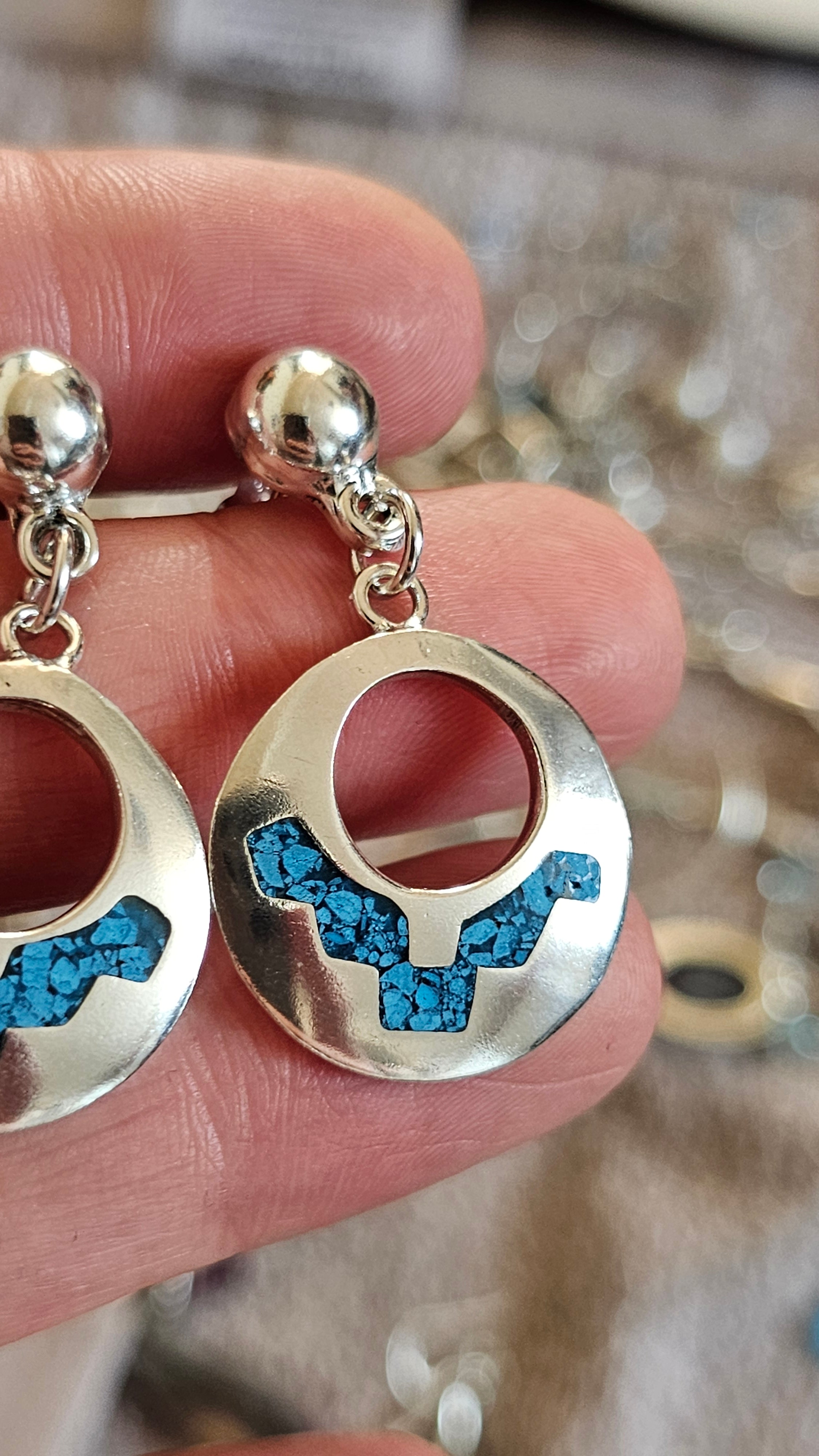 Vintage Taxco Mexico 925 Sterling Silver Turquoise Inlay Drop Earrings