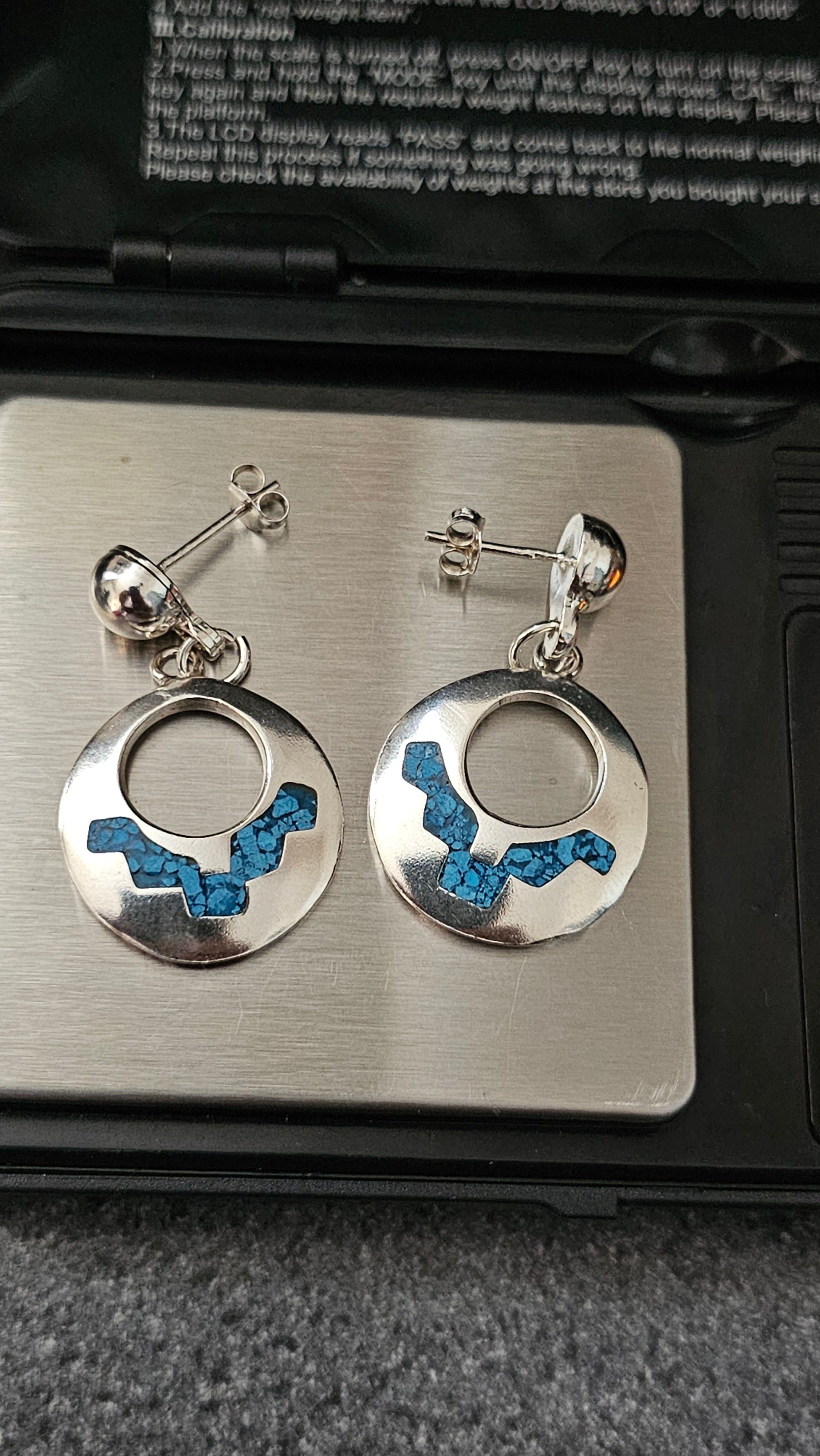 Vintage Taxco Mexico 925 Sterling Silver Turquoise Inlay Drop Earrings