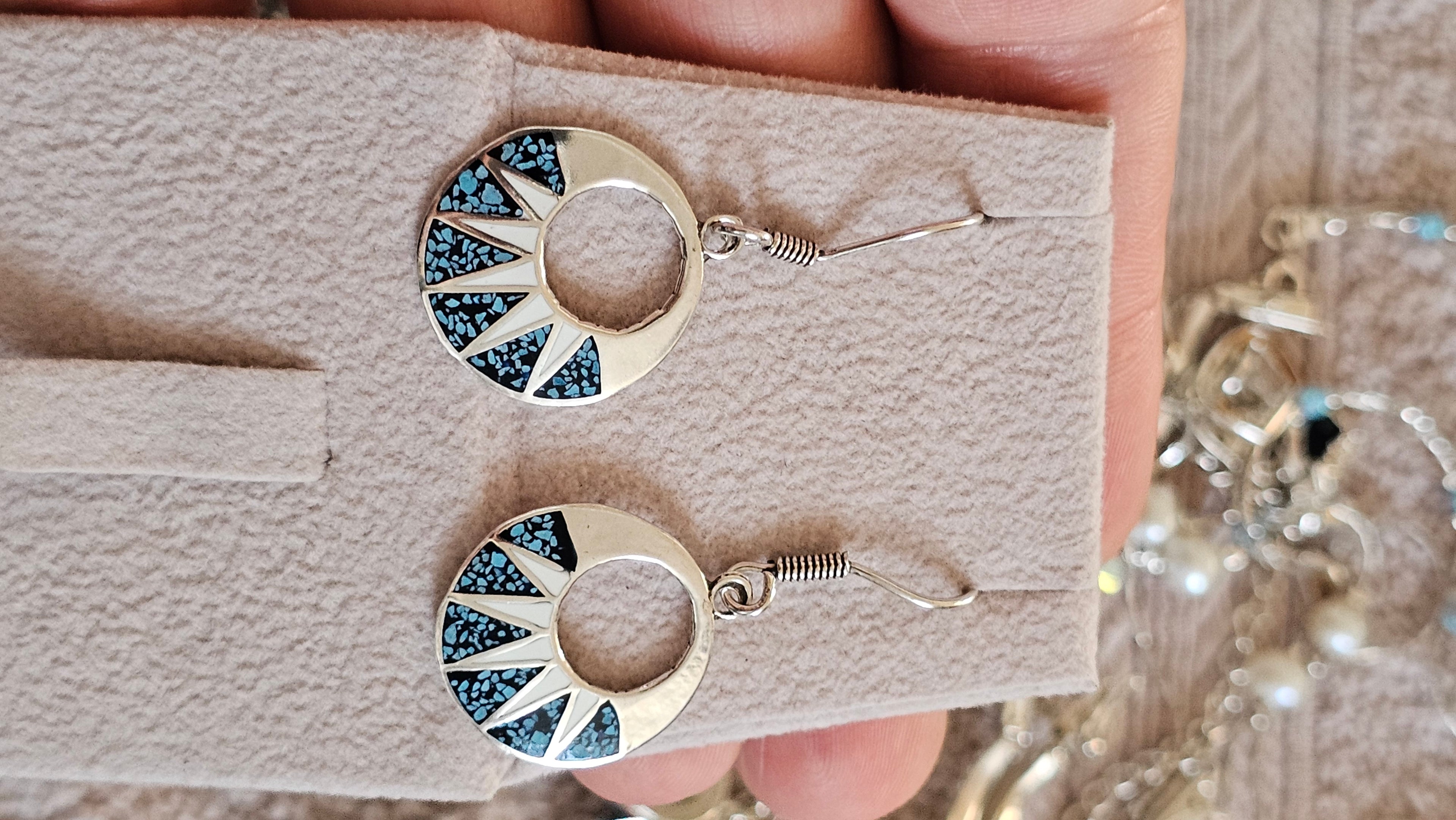 Vintage Taxco 925 Sterling Silver Turquoise Inlay Sunburst Drop Earrings