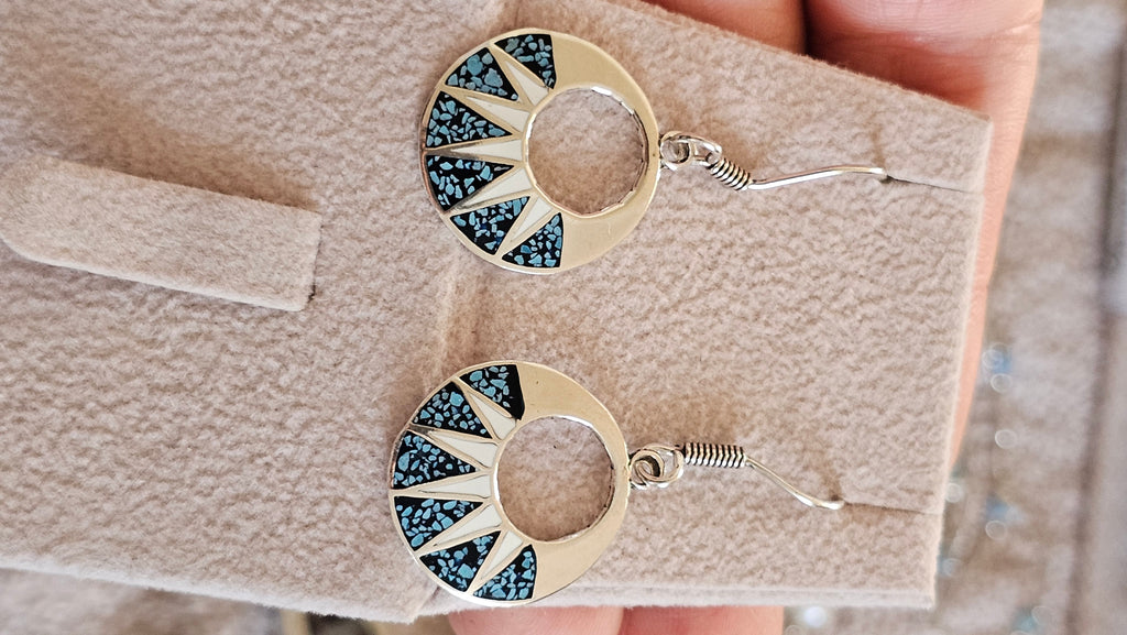 Vintage Taxco 925 Sterling Silver Turquoise Inlay Sunburst Drop Earrings