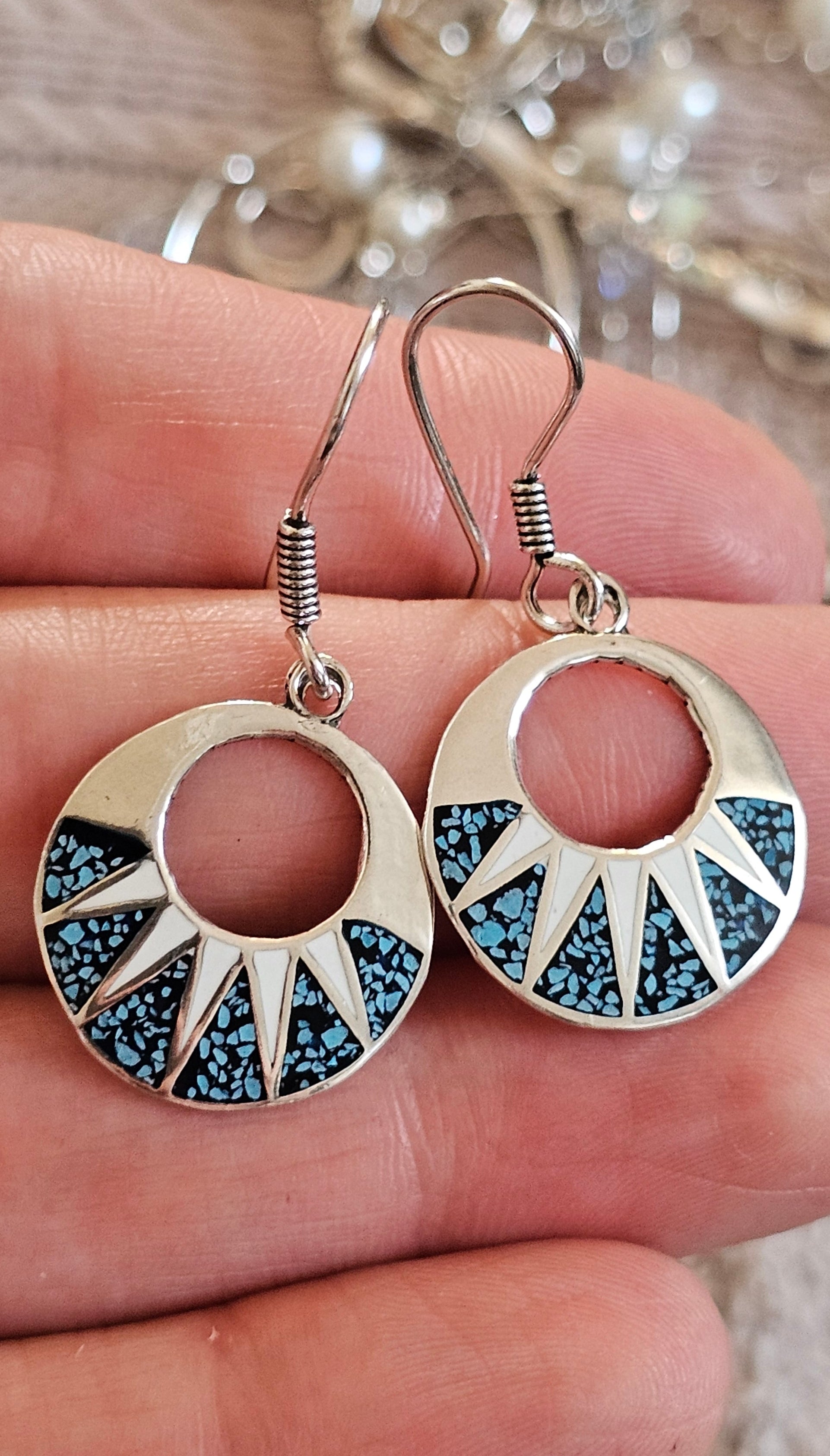 Vintage Taxco 925 Sterling Silver Turquoise Inlay Sunburst Drop Earrings