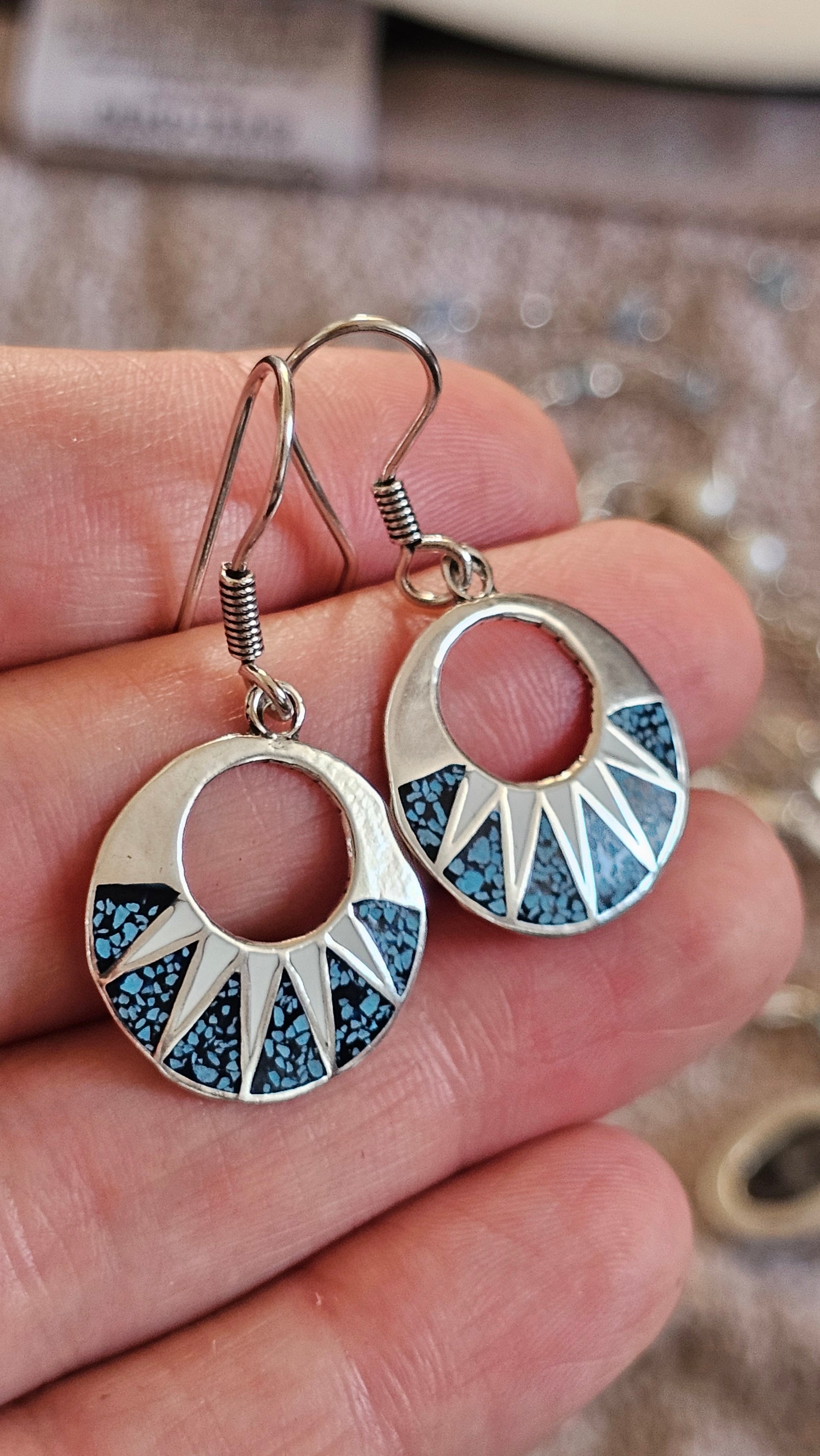 Vintage Taxco 925 Sterling Silver Turquoise Inlay Sunburst Drop Earrings