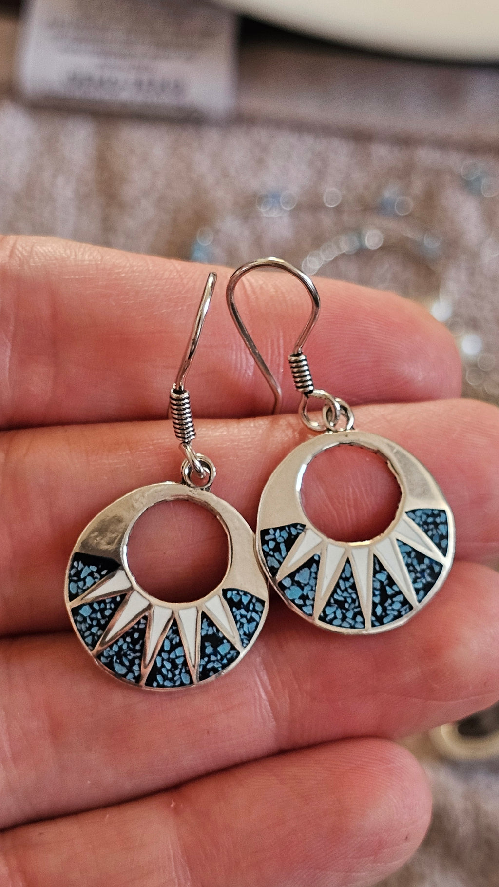 Vintage Taxco 925 Sterling Silver Turquoise Inlay Sunburst Drop Earrings
