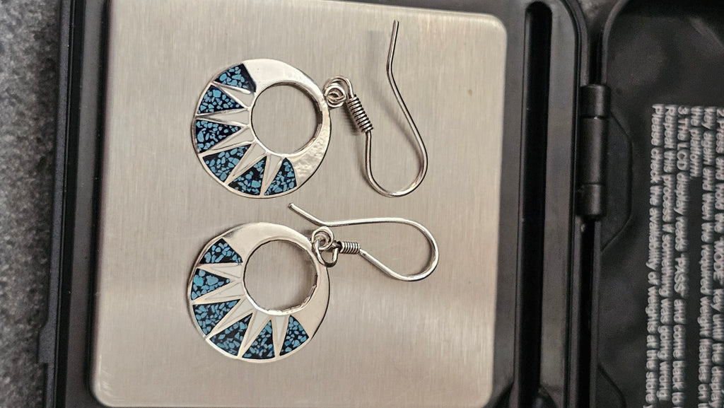 Vintage Taxco 925 Sterling Silver Turquoise Inlay Sunburst Drop Earrings