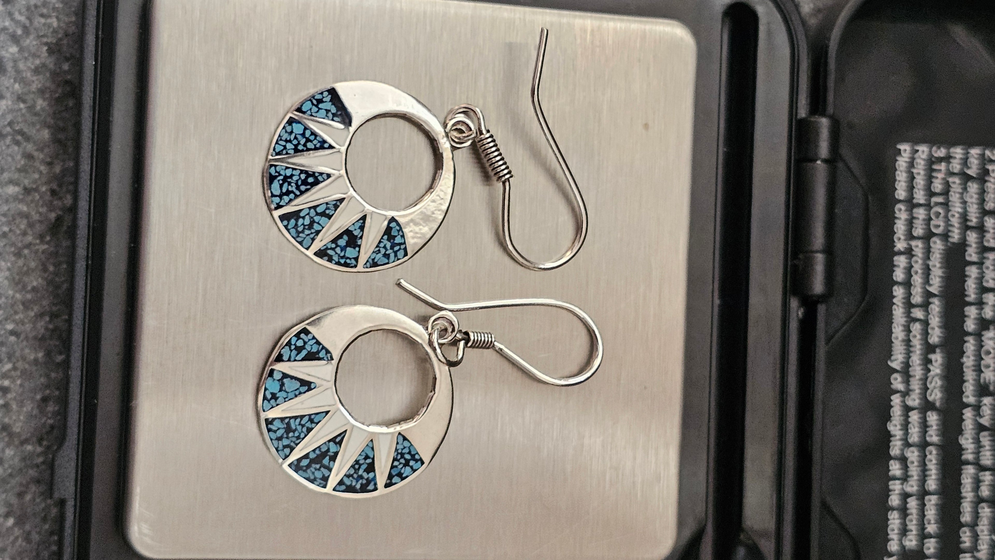 Vintage Taxco 925 Sterling Silver Turquoise Inlay Sunburst Drop Earrings