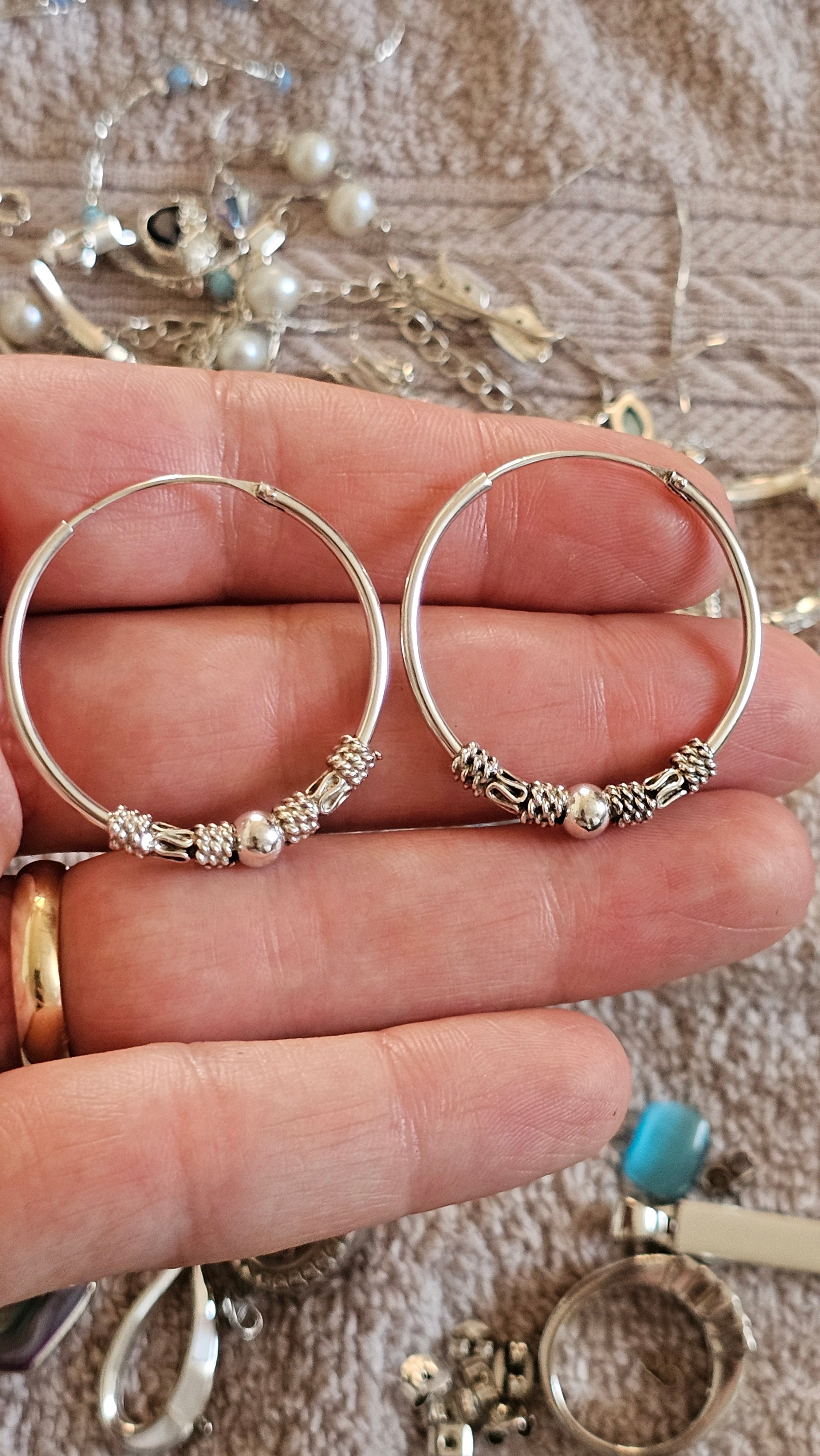 925 Sterling Silver Bali-Style Decorative Hoop Earrings – 34mm