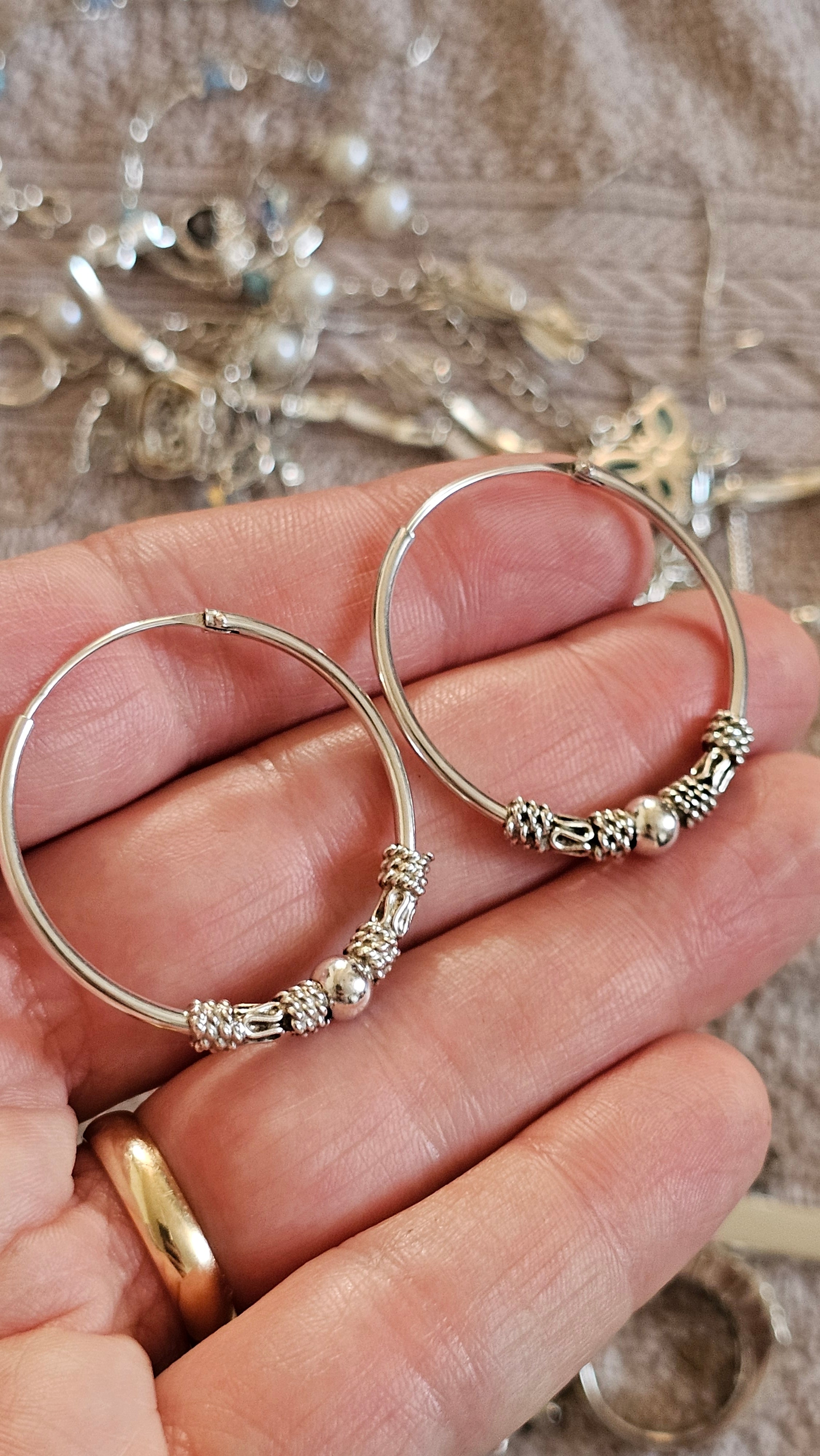 925 Sterling Silver Bali-Style Decorative Hoop Earrings – 34mm