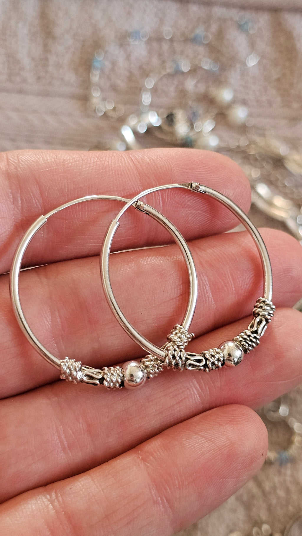 925 Sterling Silver Bali-Style Decorative Hoop Earrings – 34mm