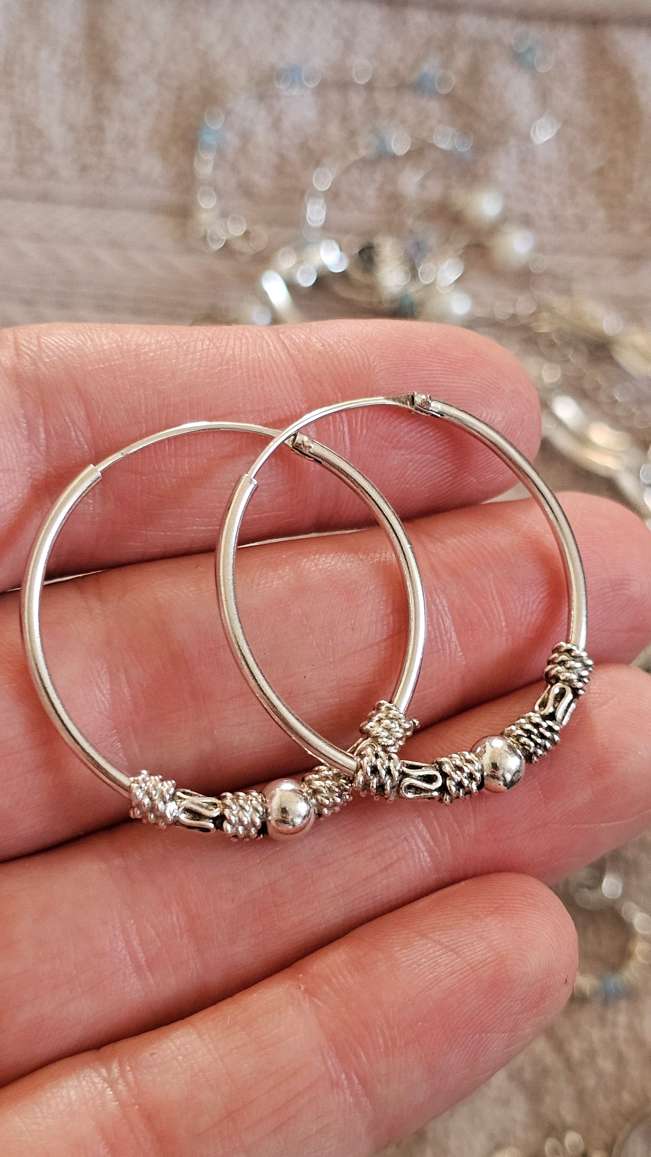 925 Sterling Silver Bali-Style Decorative Hoop Earrings – 34mm