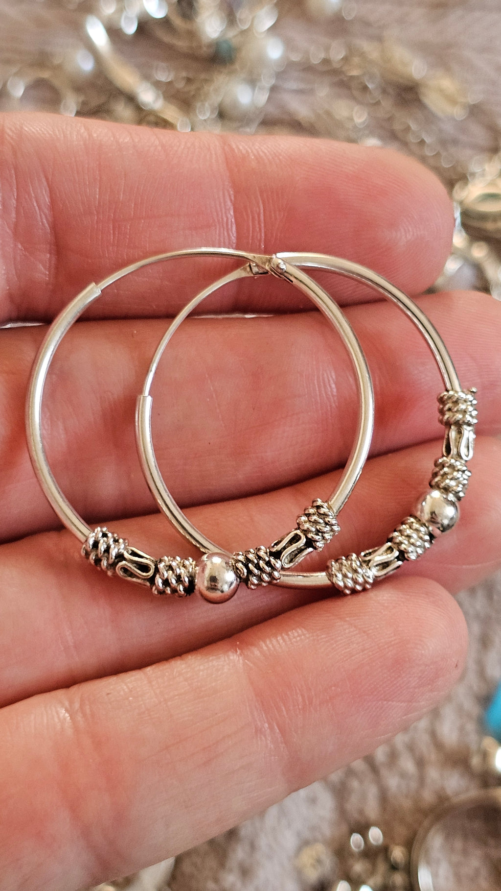 925 Sterling Silver Bali-Style Decorative Hoop Earrings – 34mm