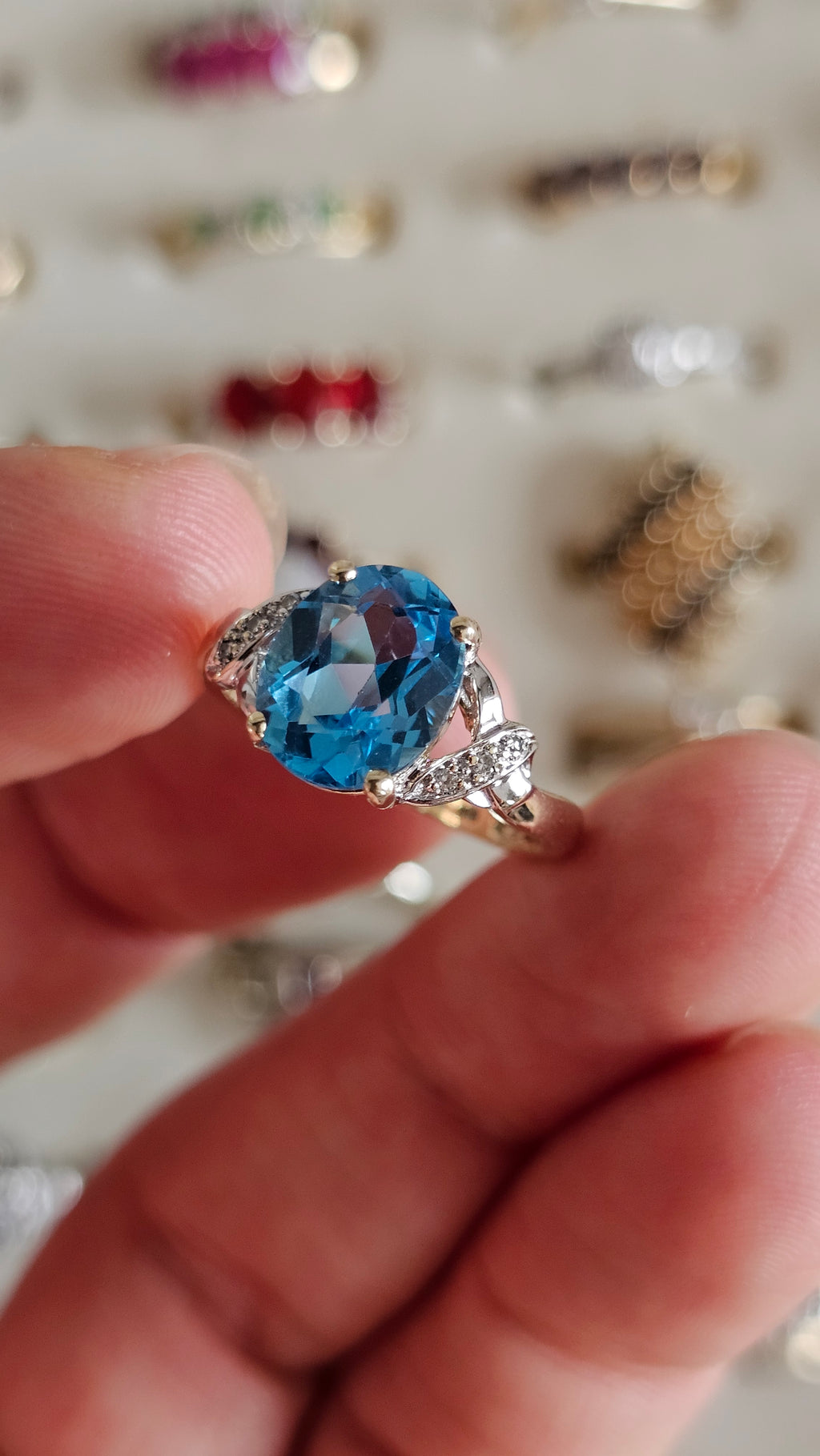 9ct Yellow Gold Oval Swiss Blue Topaz & Diamond Crossover Ring – Size N
