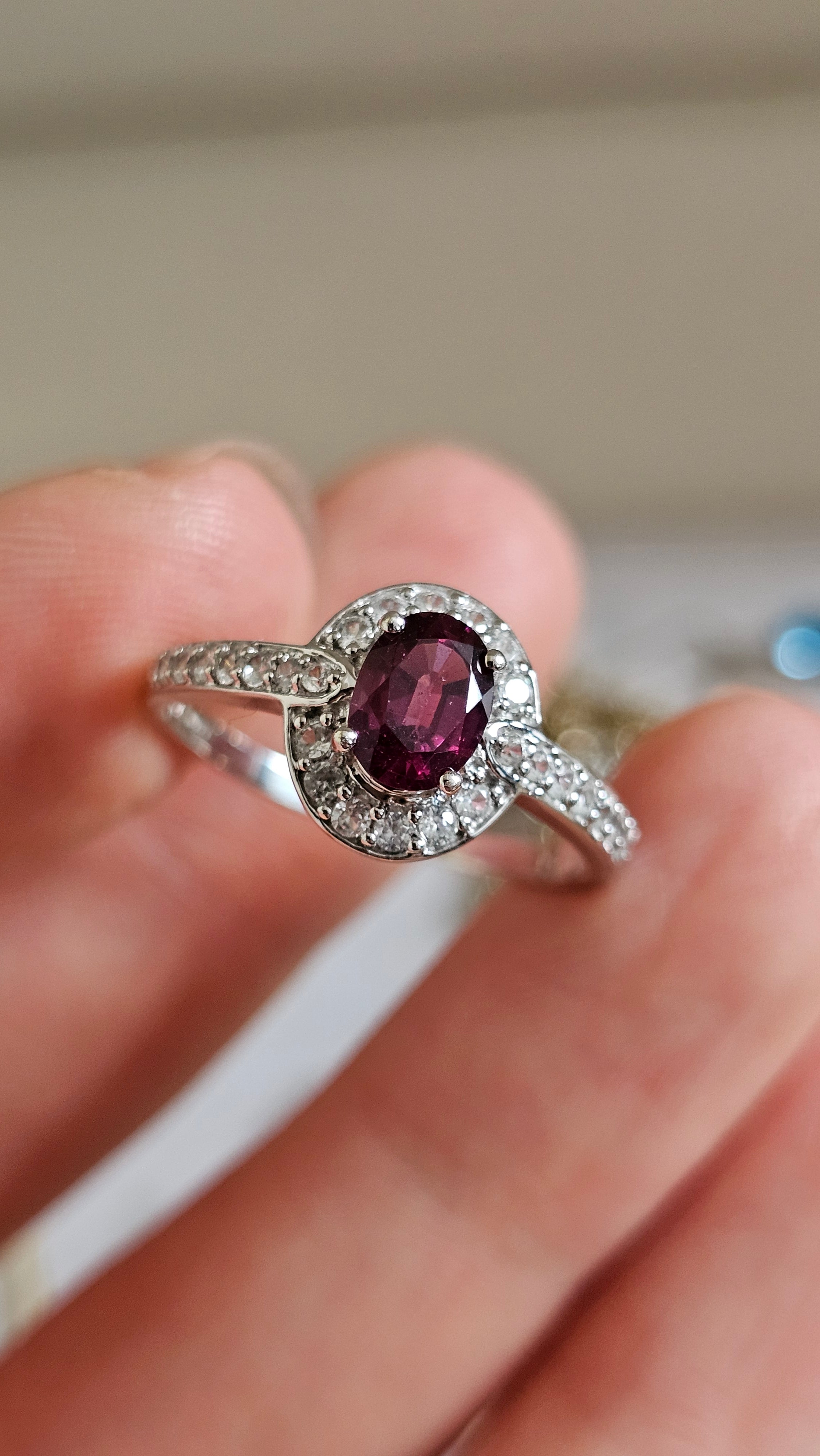 10ct White Gold Rubellite Tourmaline & Zirconia Halo Ring – Size R 1/2