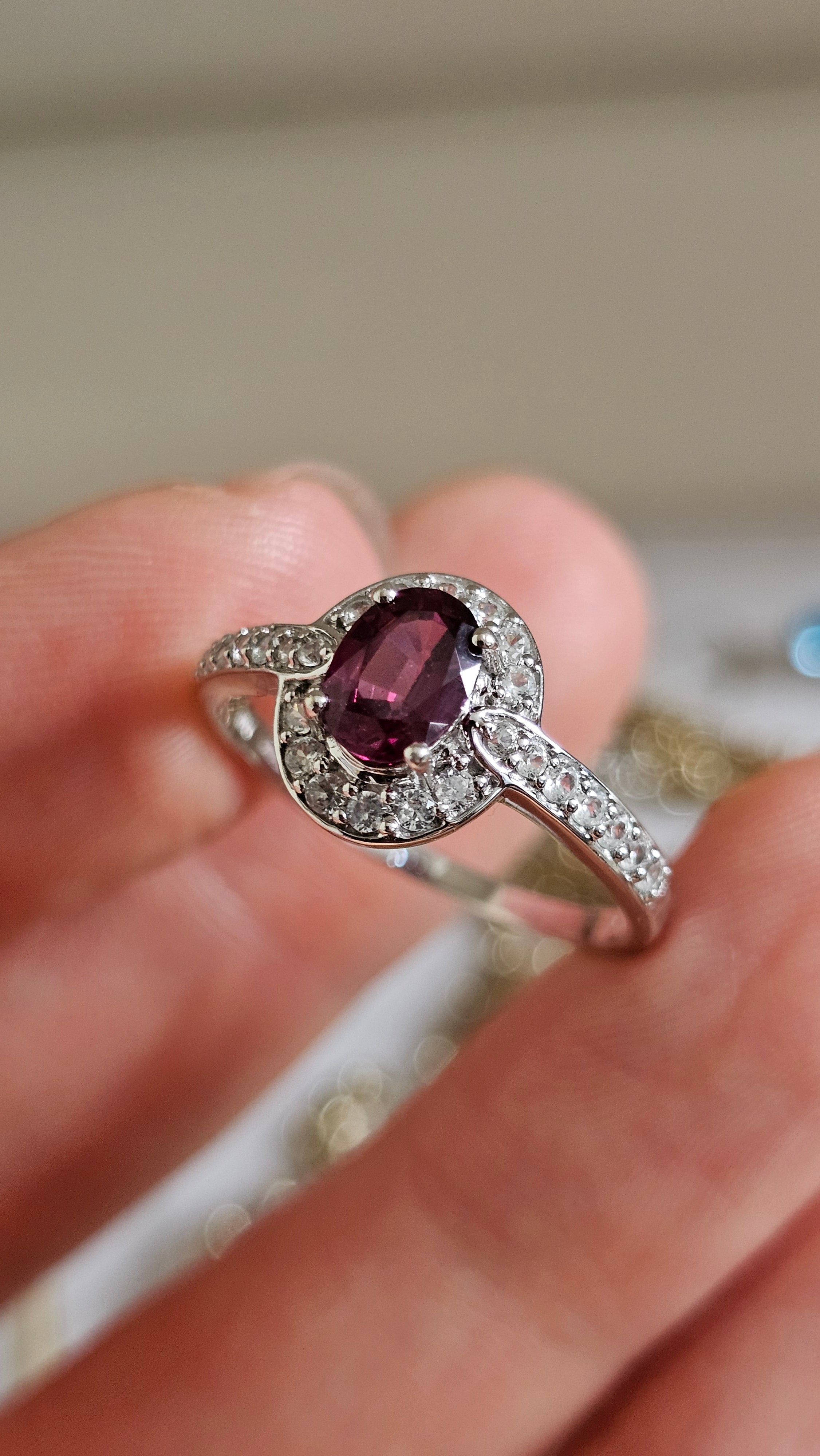 10ct White Gold Rubellite Tourmaline & Zirconia Halo Ring – Size R 1/2