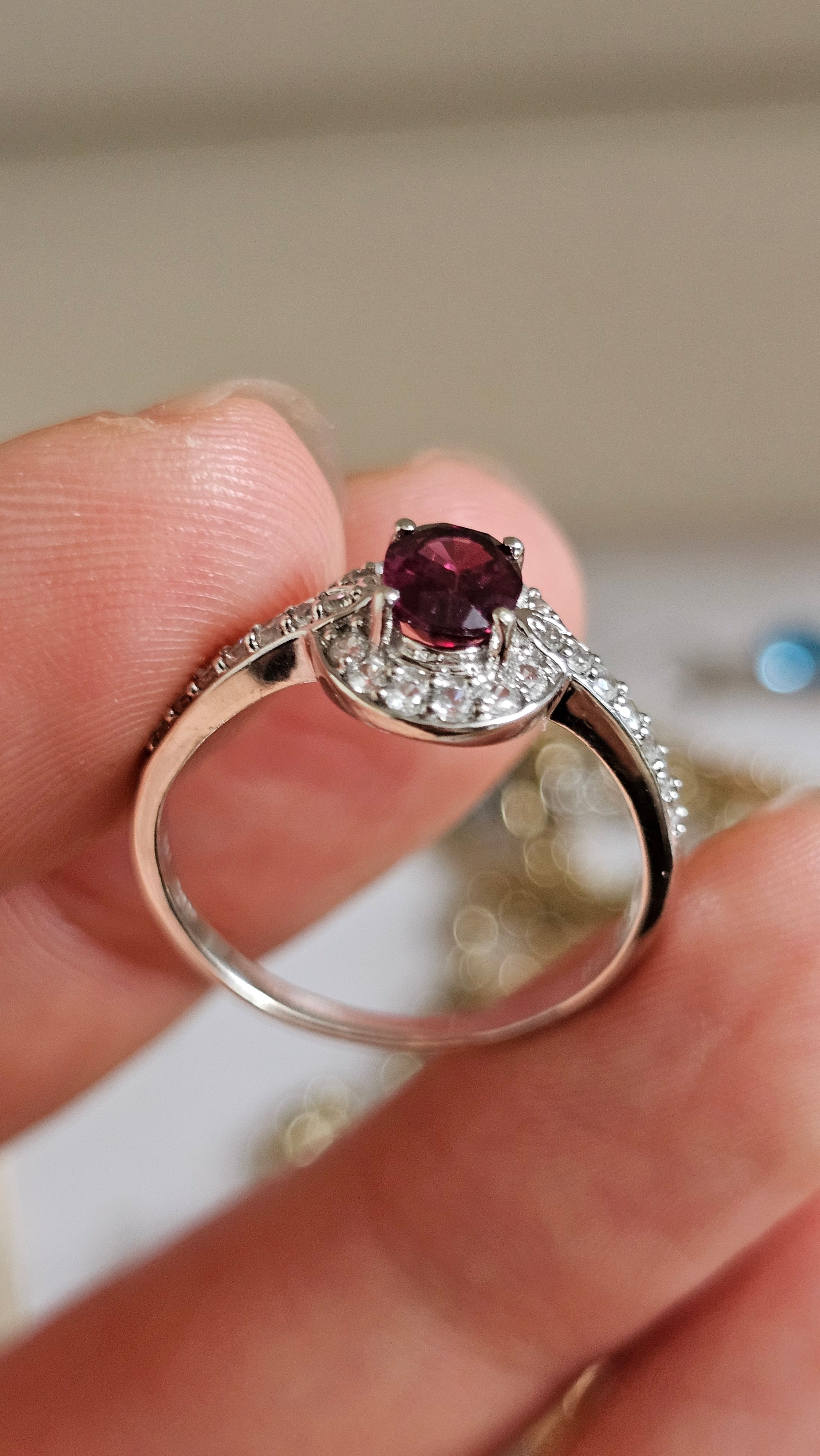 10ct White Gold Rubellite Tourmaline & Zirconia Halo Ring – Size R 1/2