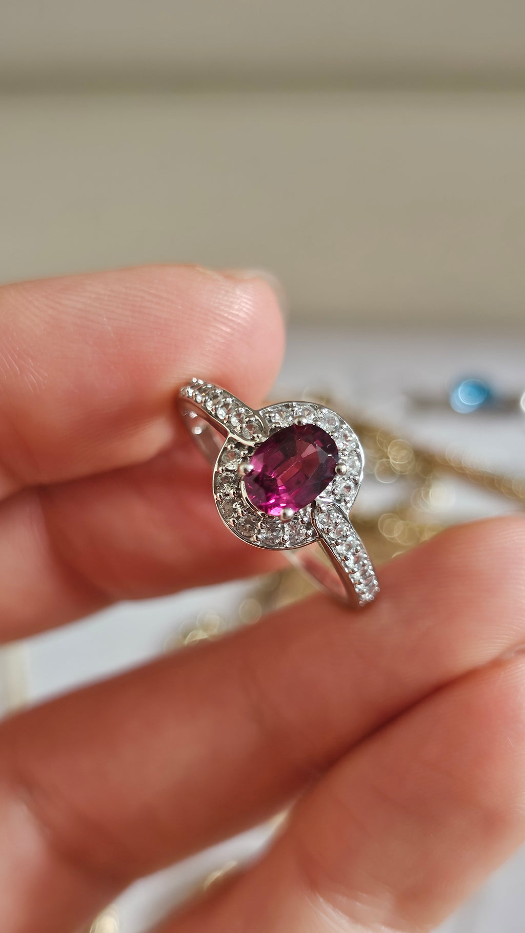 10ct White Gold Rubellite Tourmaline & Zirconia Halo Ring – Size R 1/2
