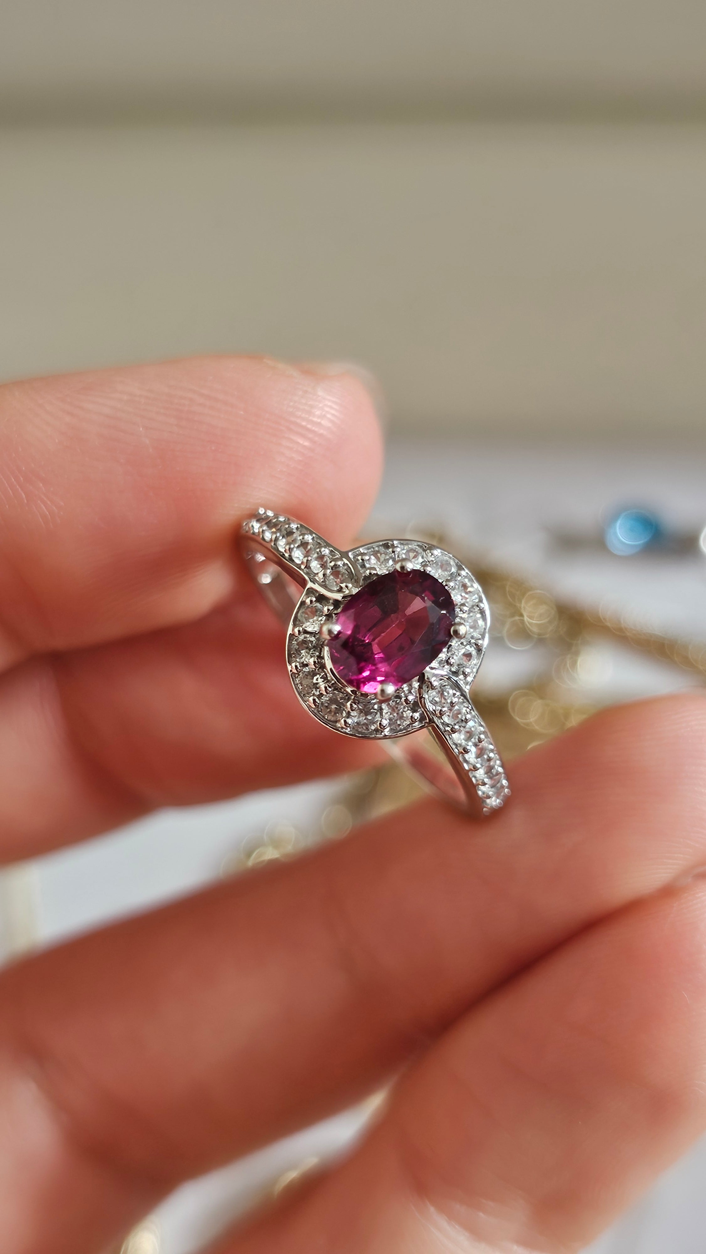 10ct White Gold Rubellite Tourmaline & Zirconia Halo Ring – Size R 1/2