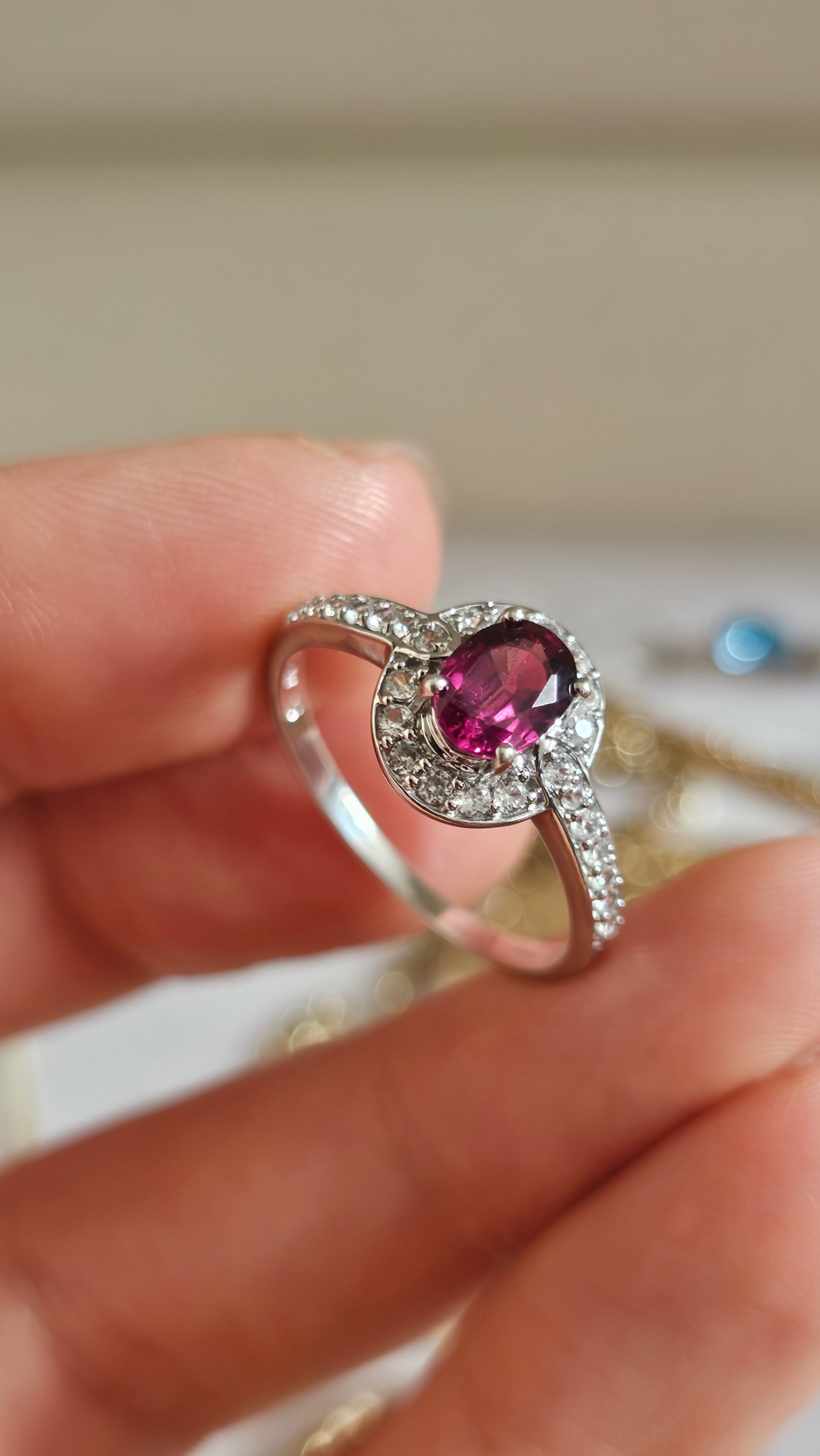 10ct White Gold Rubellite Tourmaline & Zirconia Halo Ring – Size R 1/2