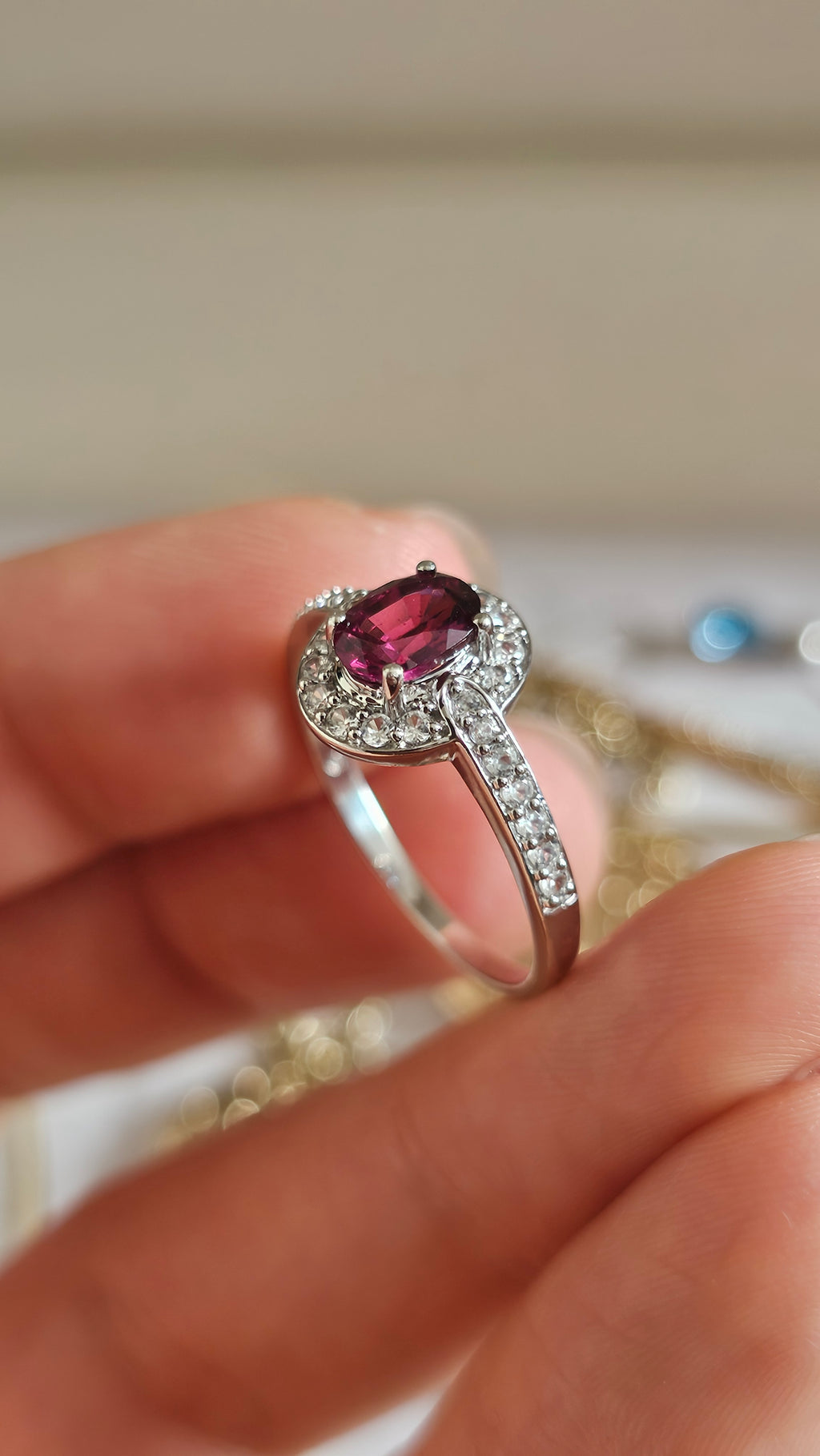 10ct White Gold Rubellite Tourmaline & Zirconia Halo Ring – Size R 1/2