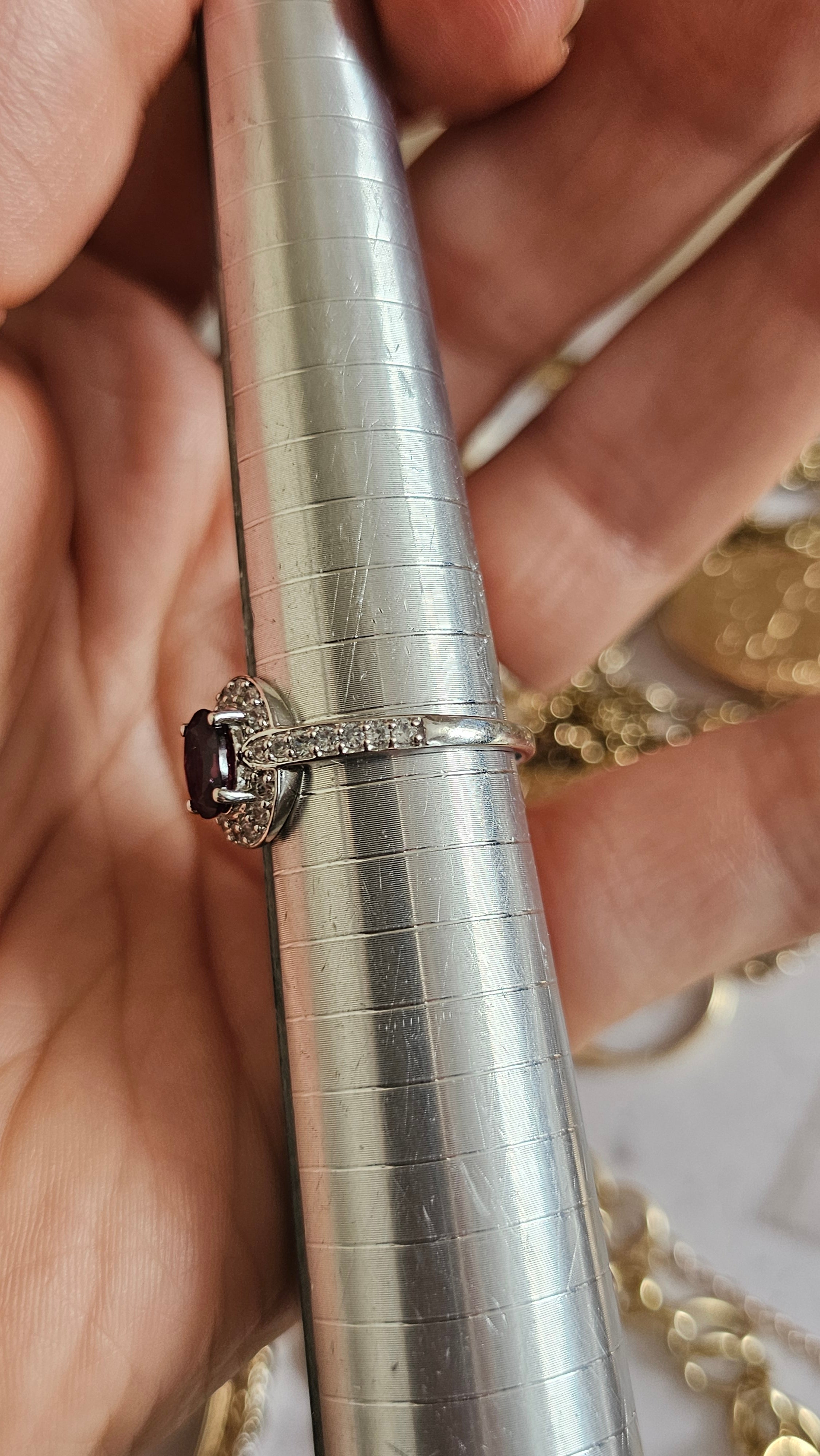 10ct White Gold Rubellite Tourmaline & Zirconia Halo Ring – Size R 1/2