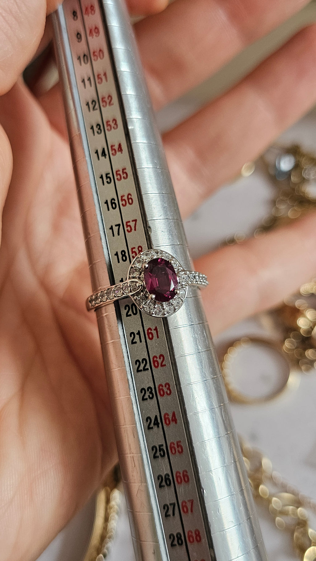 10ct White Gold Rubellite Tourmaline & Zirconia Halo Ring – Size R 1/2