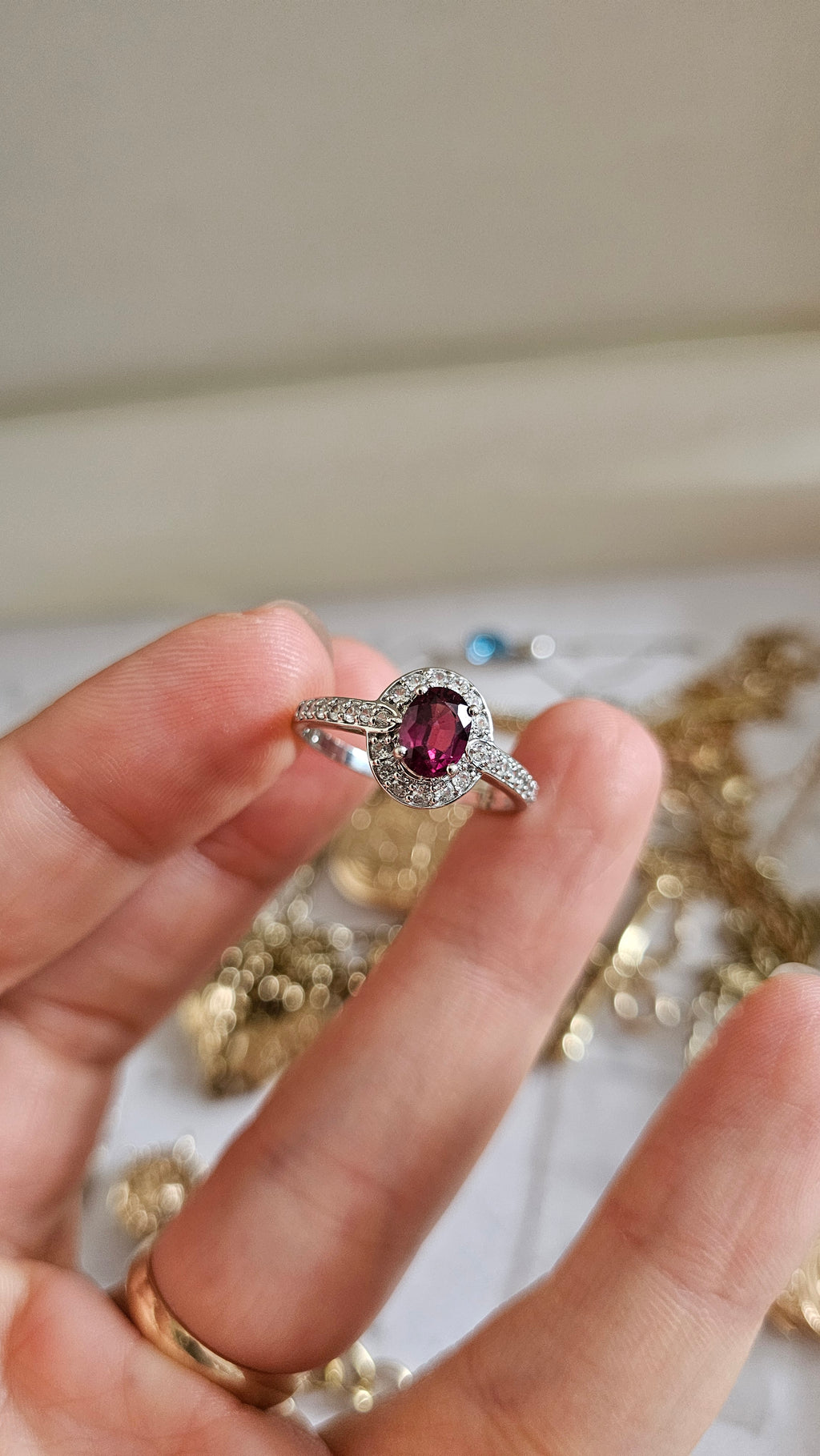10ct White Gold Rubellite Tourmaline & Zirconia Halo Ring – Size R 1/2