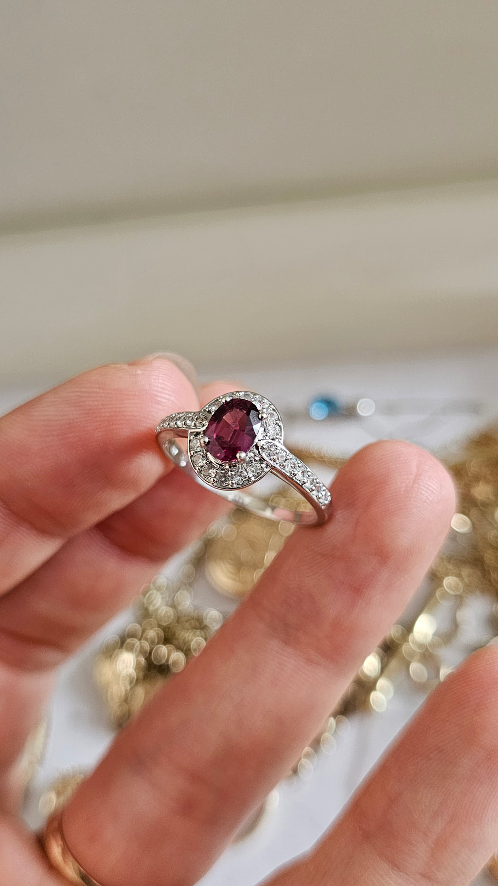 10ct White Gold Rubellite Tourmaline & Zirconia Halo Ring – Size R 1/2