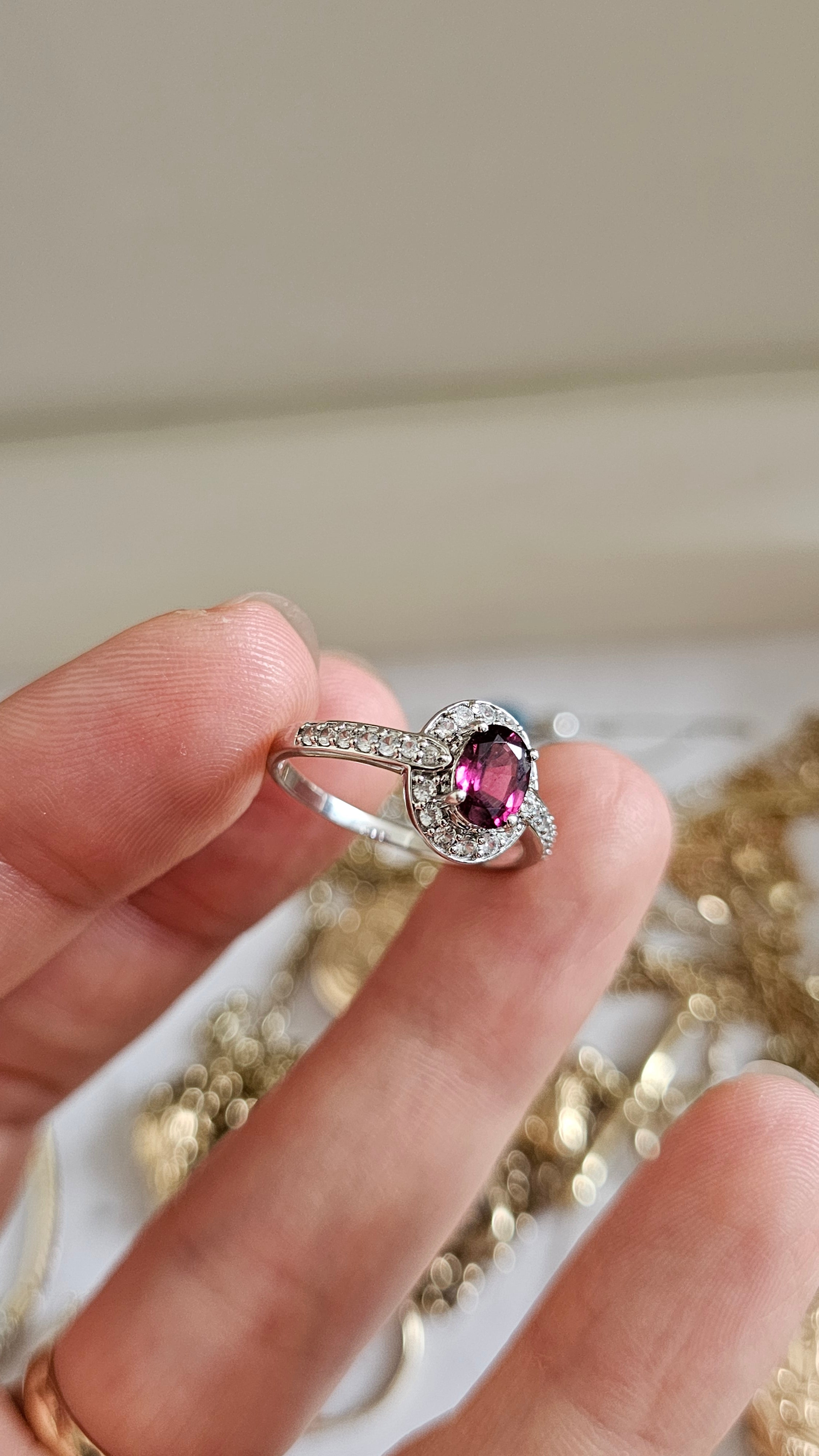 10ct White Gold Rubellite Tourmaline & Zirconia Halo Ring – Size R 1/2