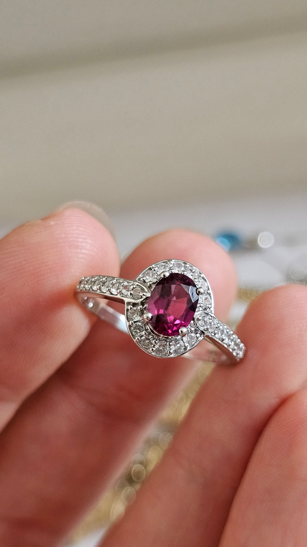 10ct White Gold Rubellite Tourmaline & Zirconia Halo Ring – Size R 1/2