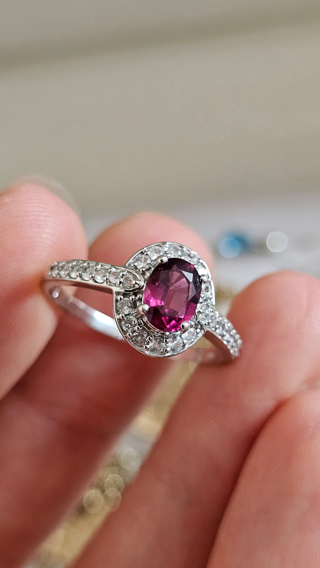10ct White Gold Rubellite Tourmaline & Zirconia Halo Ring – Size R 1/2