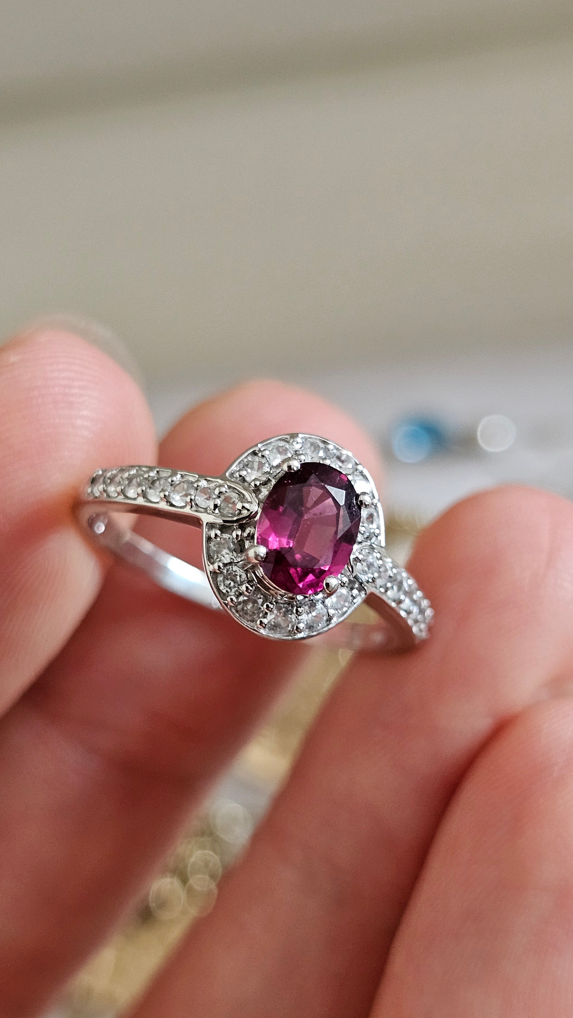 10ct White Gold Rubellite Tourmaline & Zirconia Halo Ring – Size R 1/2