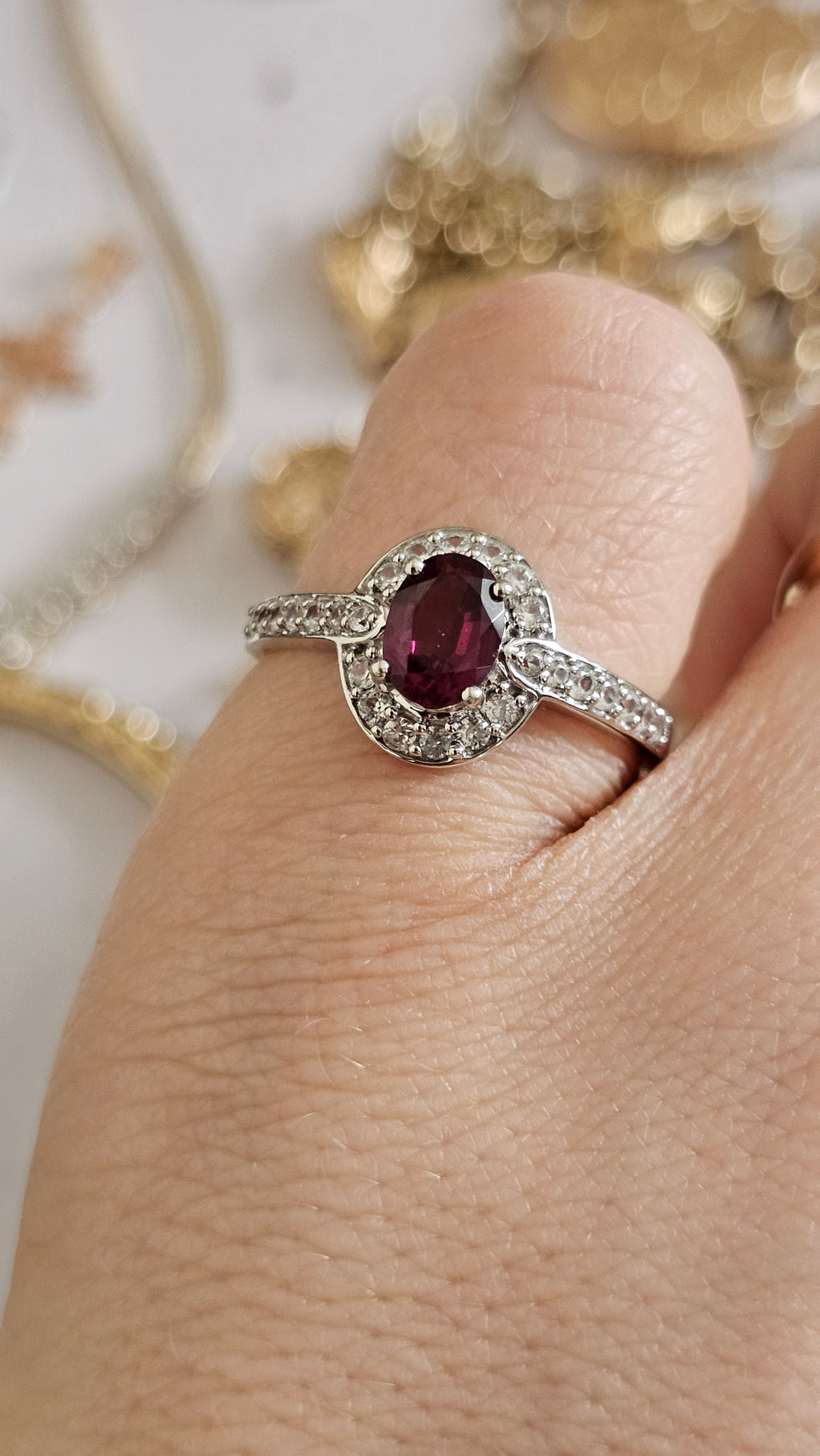 10ct White Gold Rubellite Tourmaline & Zirconia Halo Ring – Size R 1/2